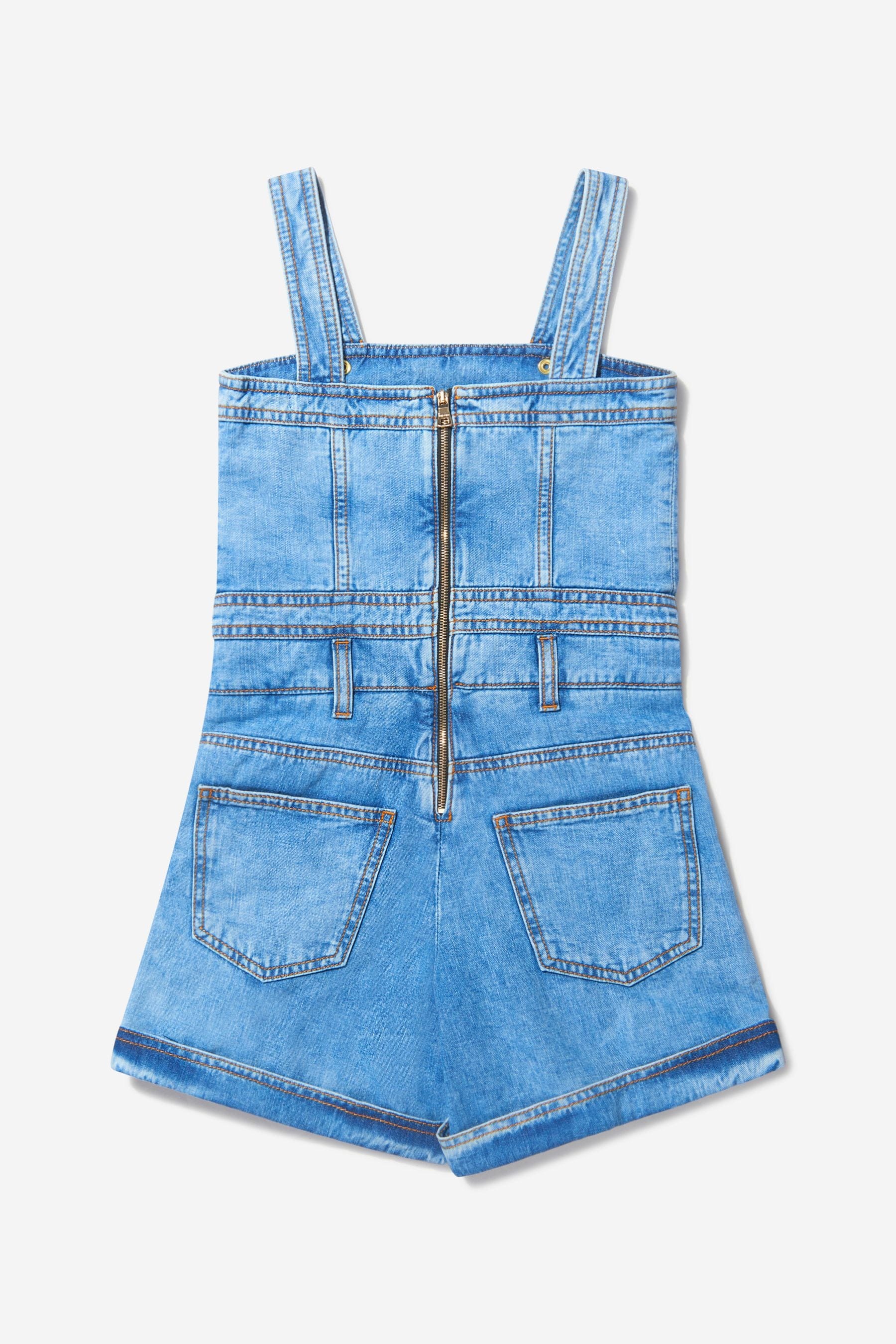 Balmain Girls Cotton Denim Short Dungarees