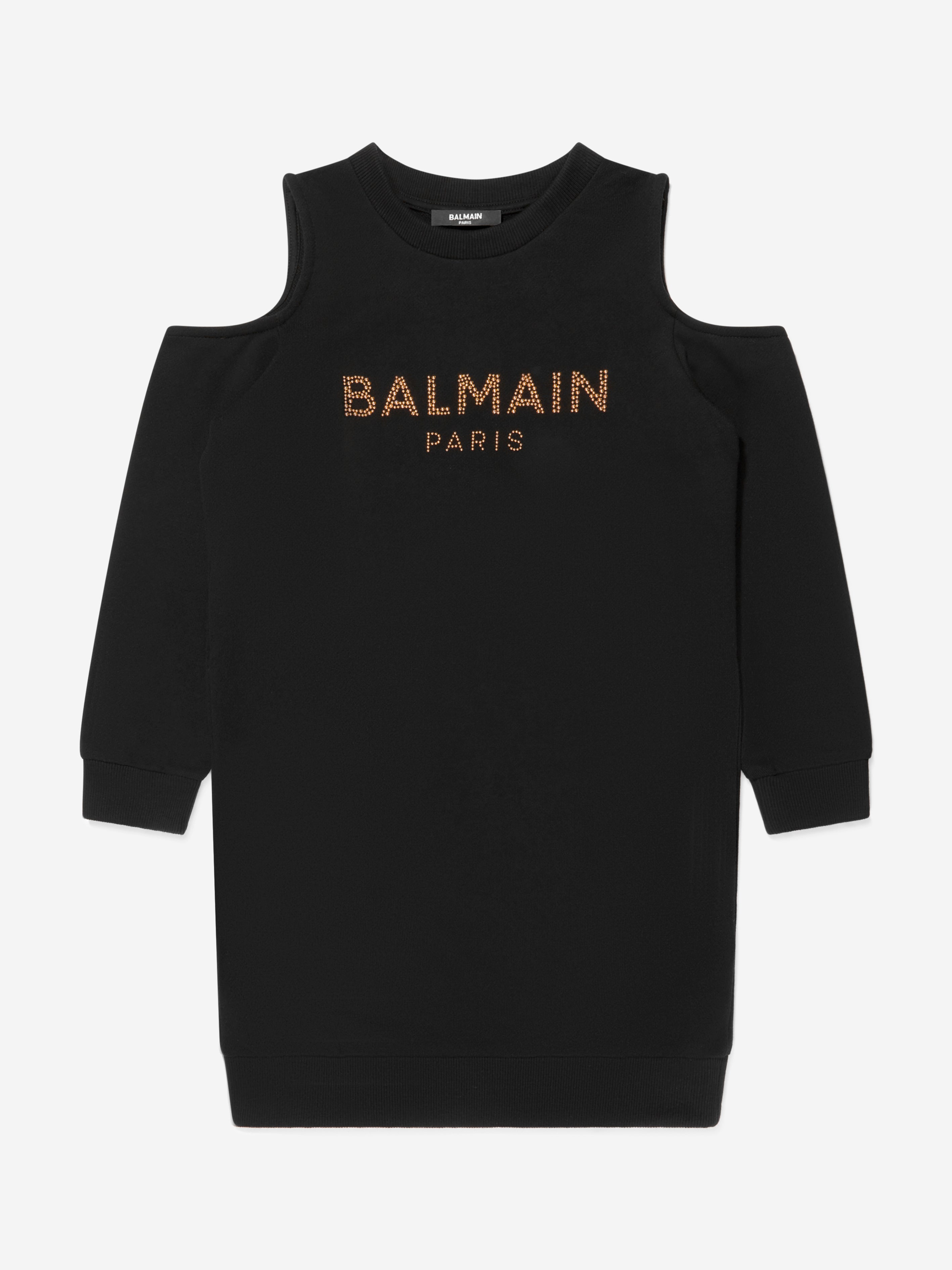 Balmain Girls Cotton Branded Open Shoulder Dress