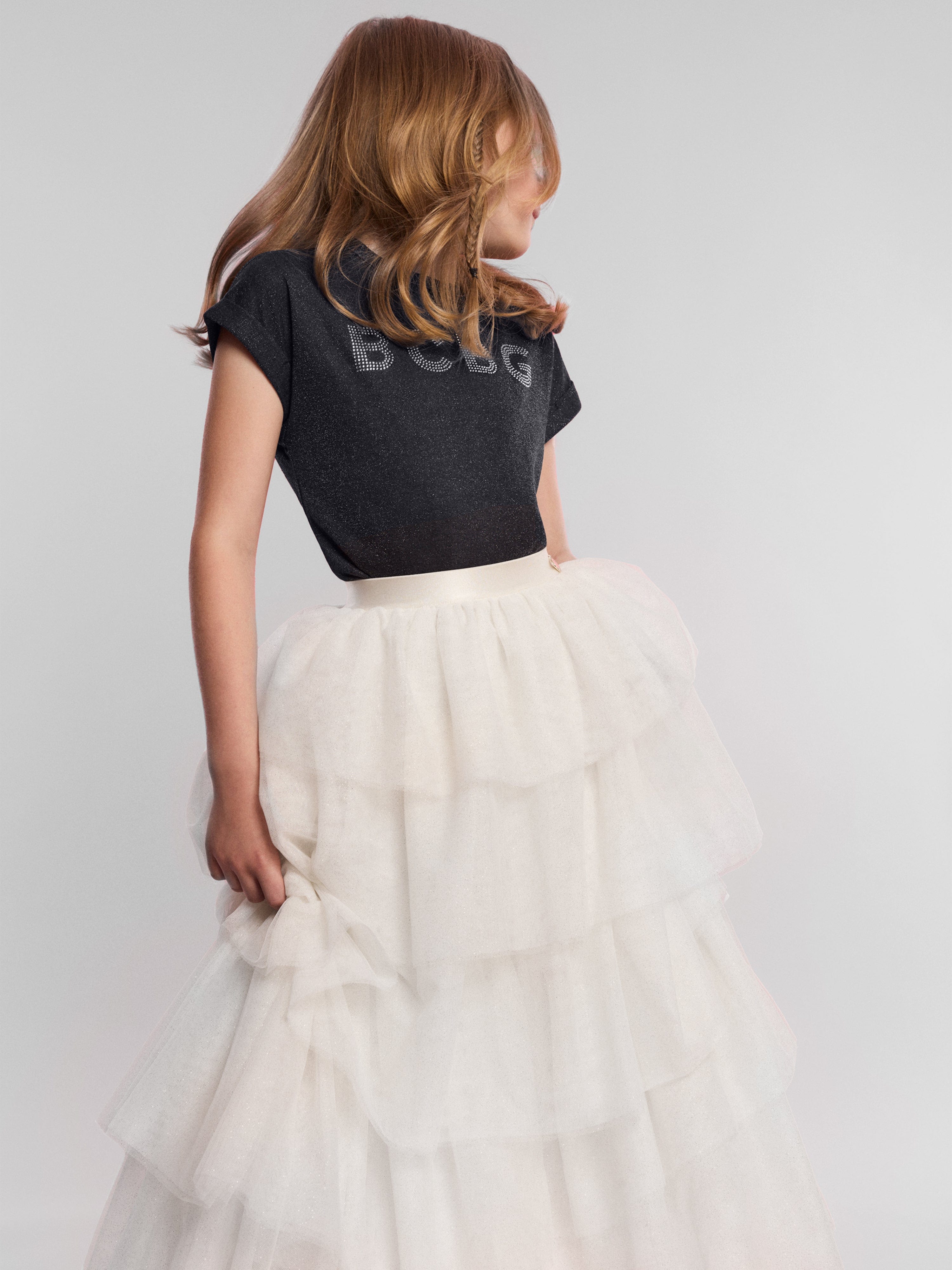 Girls Glitter Tulle Maxi Skirt in Ivory