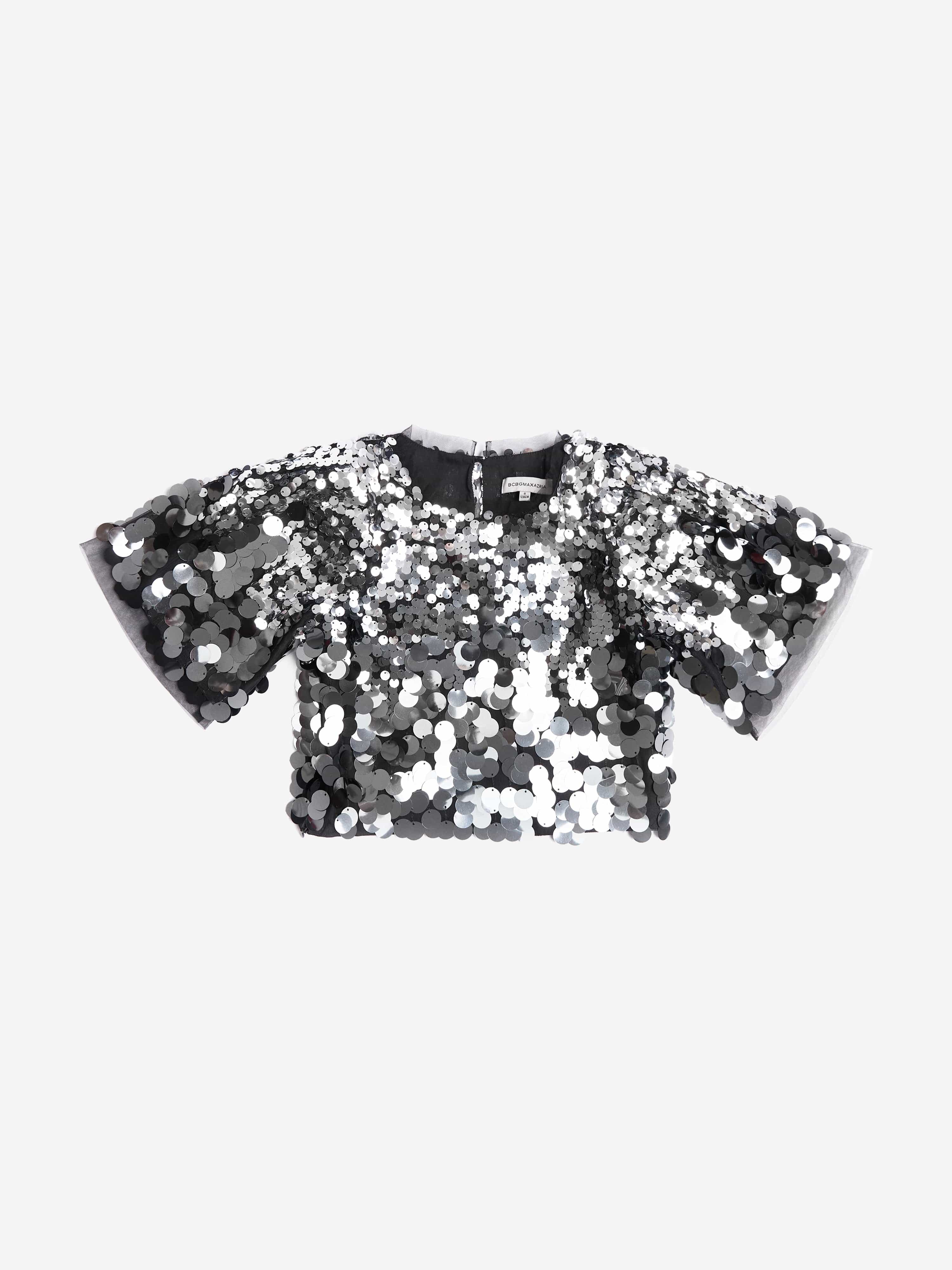 BCBGMAXAZRIA Girls Sequin Puff Sleeve Crop Top in Silver
