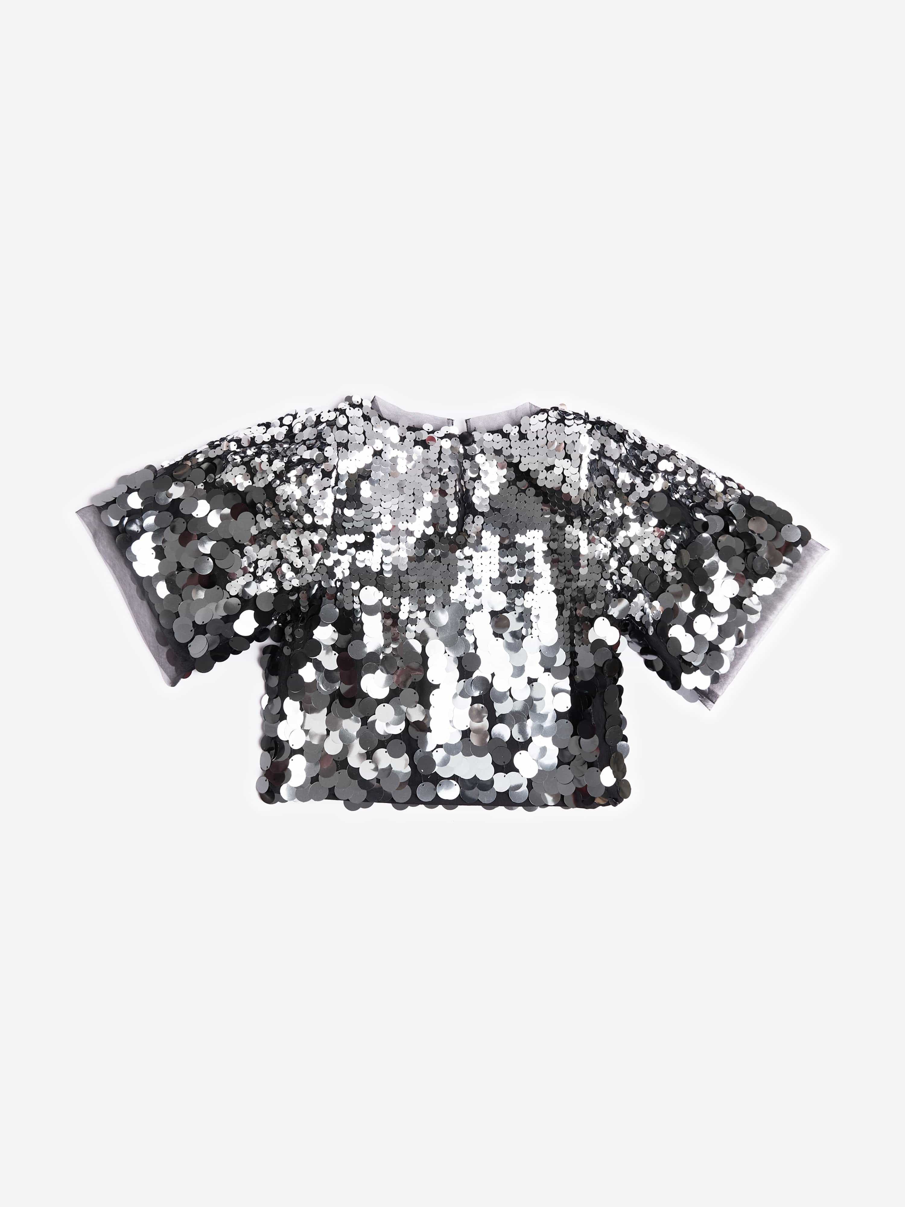 BCBGMAXAZRIA Girls Sequin Puff Sleeve Crop Top in Silver