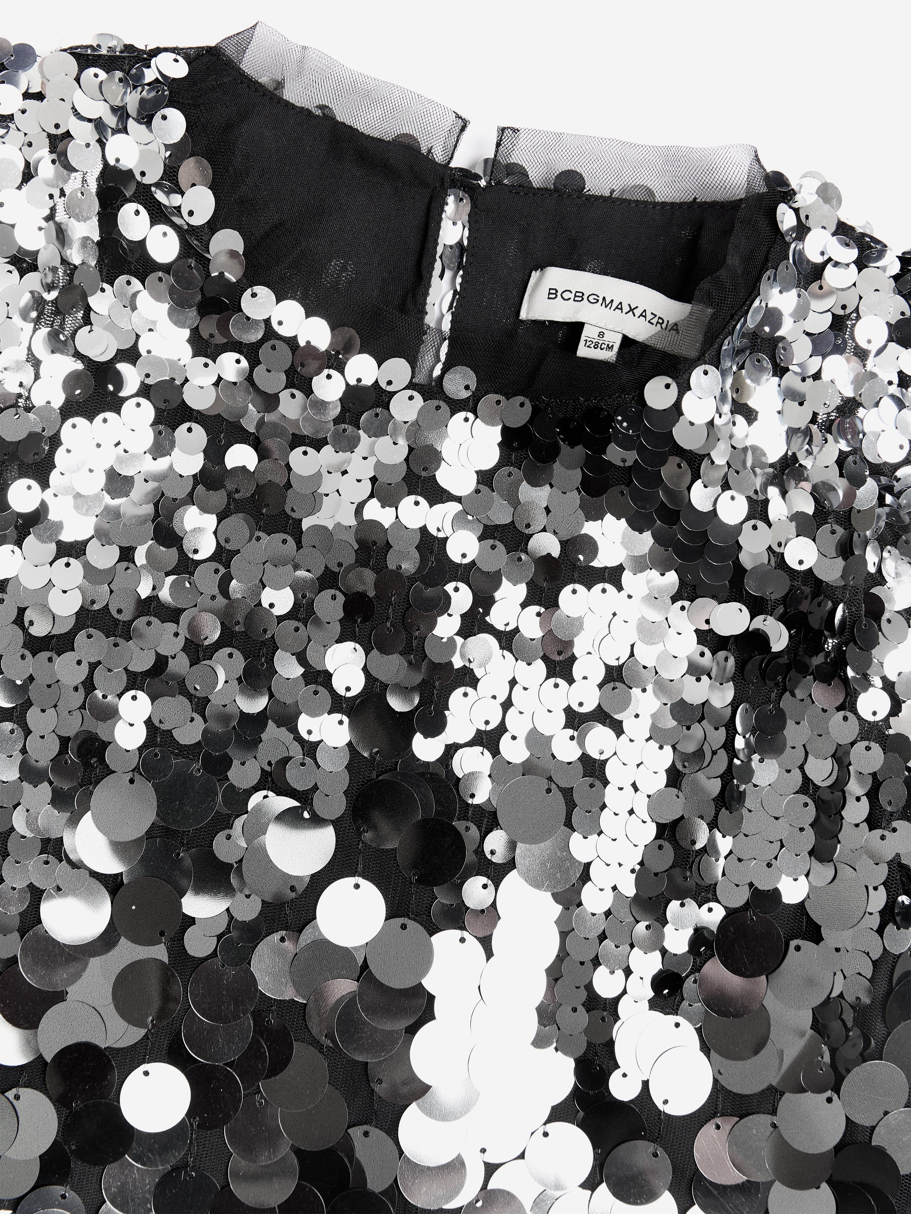 BCBGMAXAZRIA Girls Sequin Puff Sleeve Crop Top in Silver