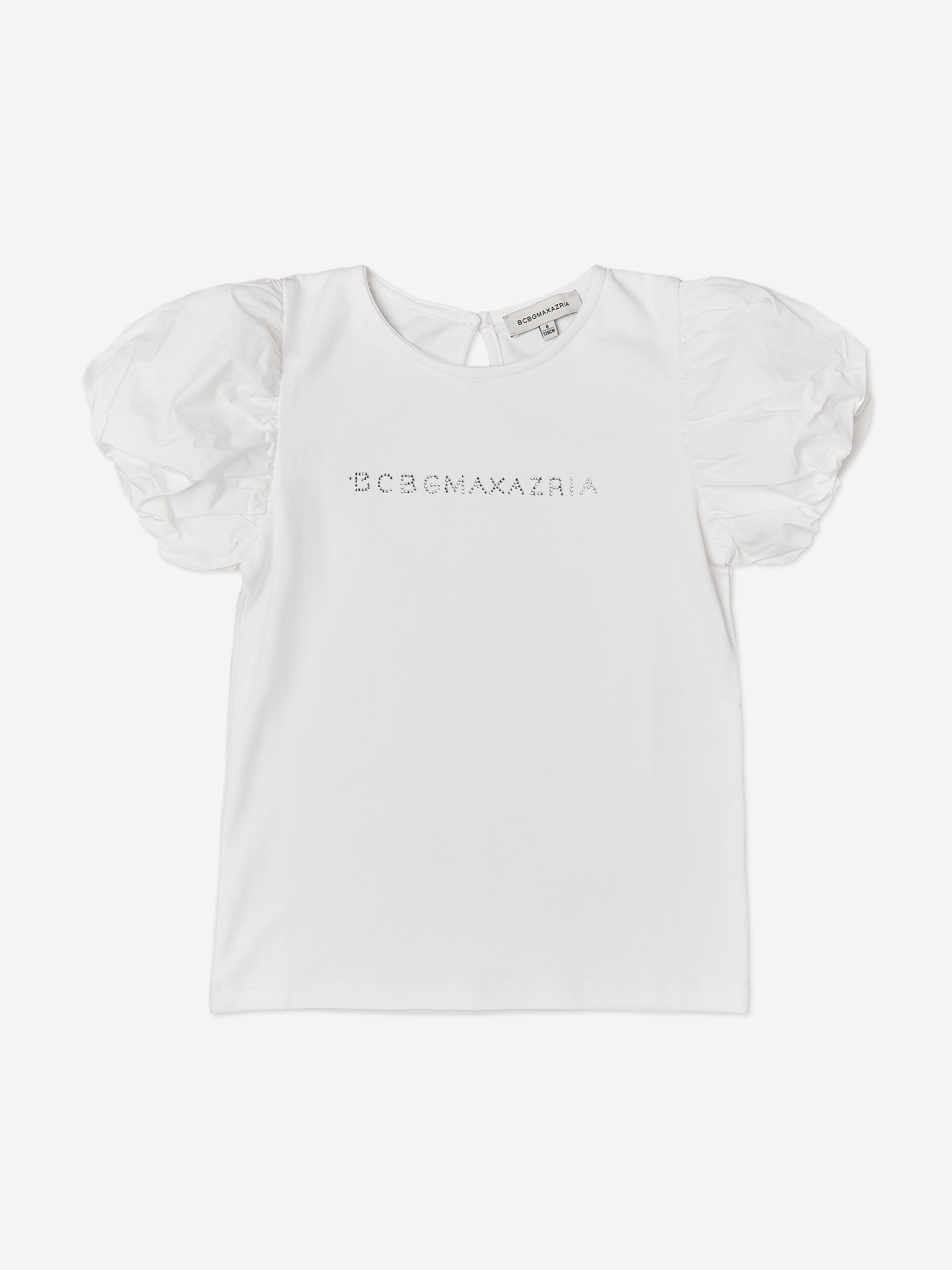 BCBGMAXAZRIA Girls Diamante Logo Puff Sleeve Top in White