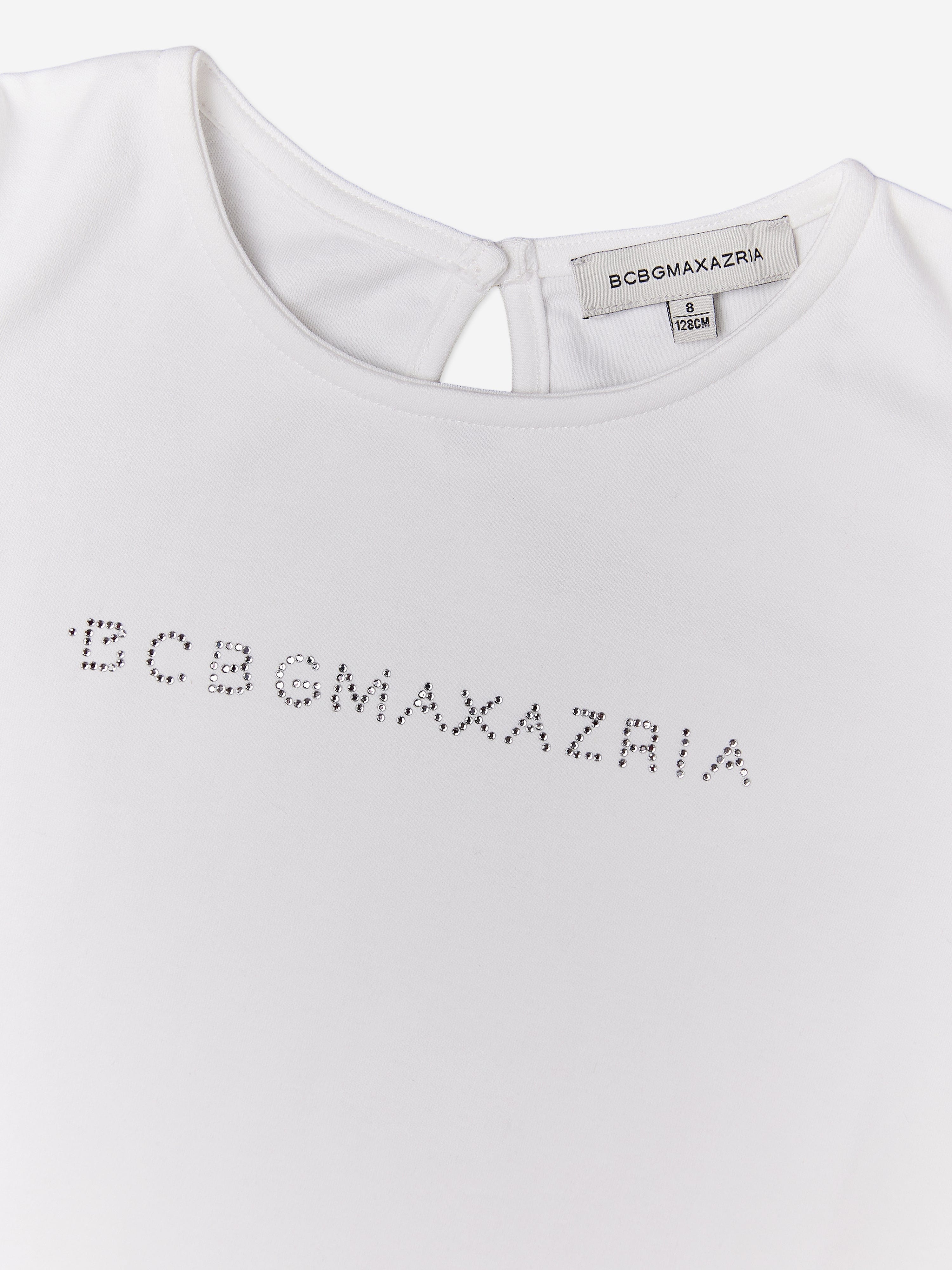 BCBGMAXAZRIA Girls Diamante Logo Puff Sleeve Top in White