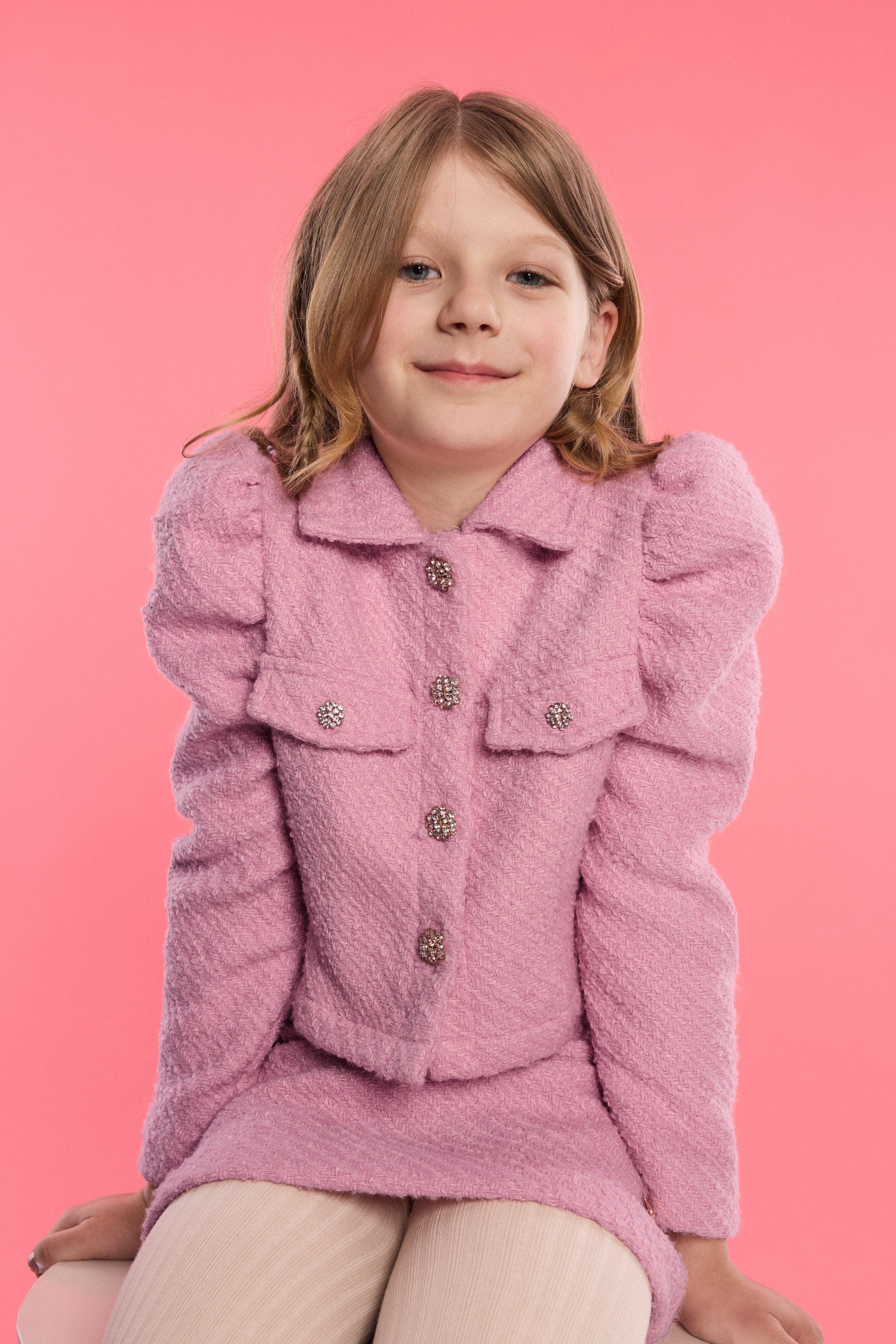 Girls Tweed Puff Sleeve Jacket in Pink