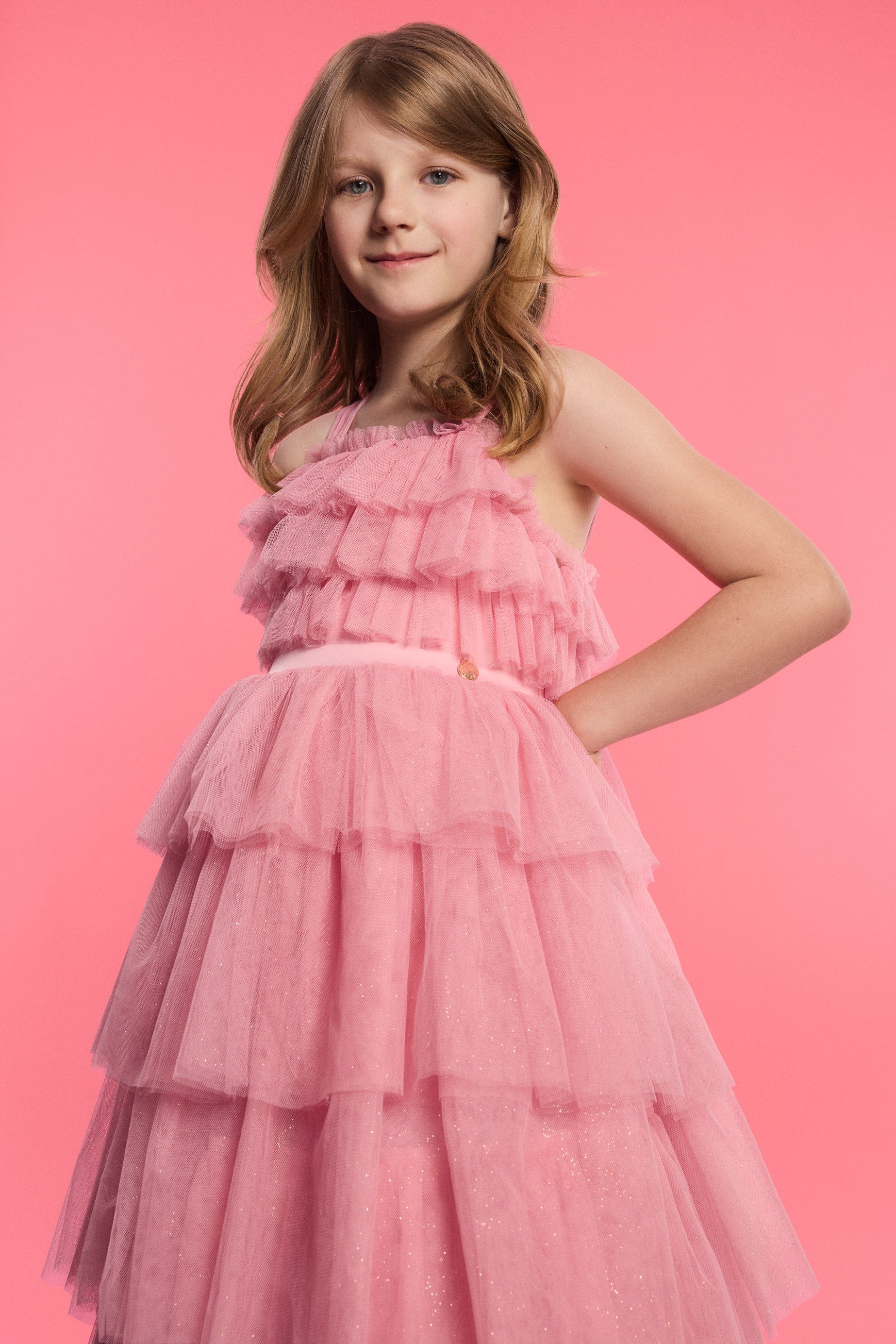 Girls Maxi Micro Plisse Tulle Dress in Pink