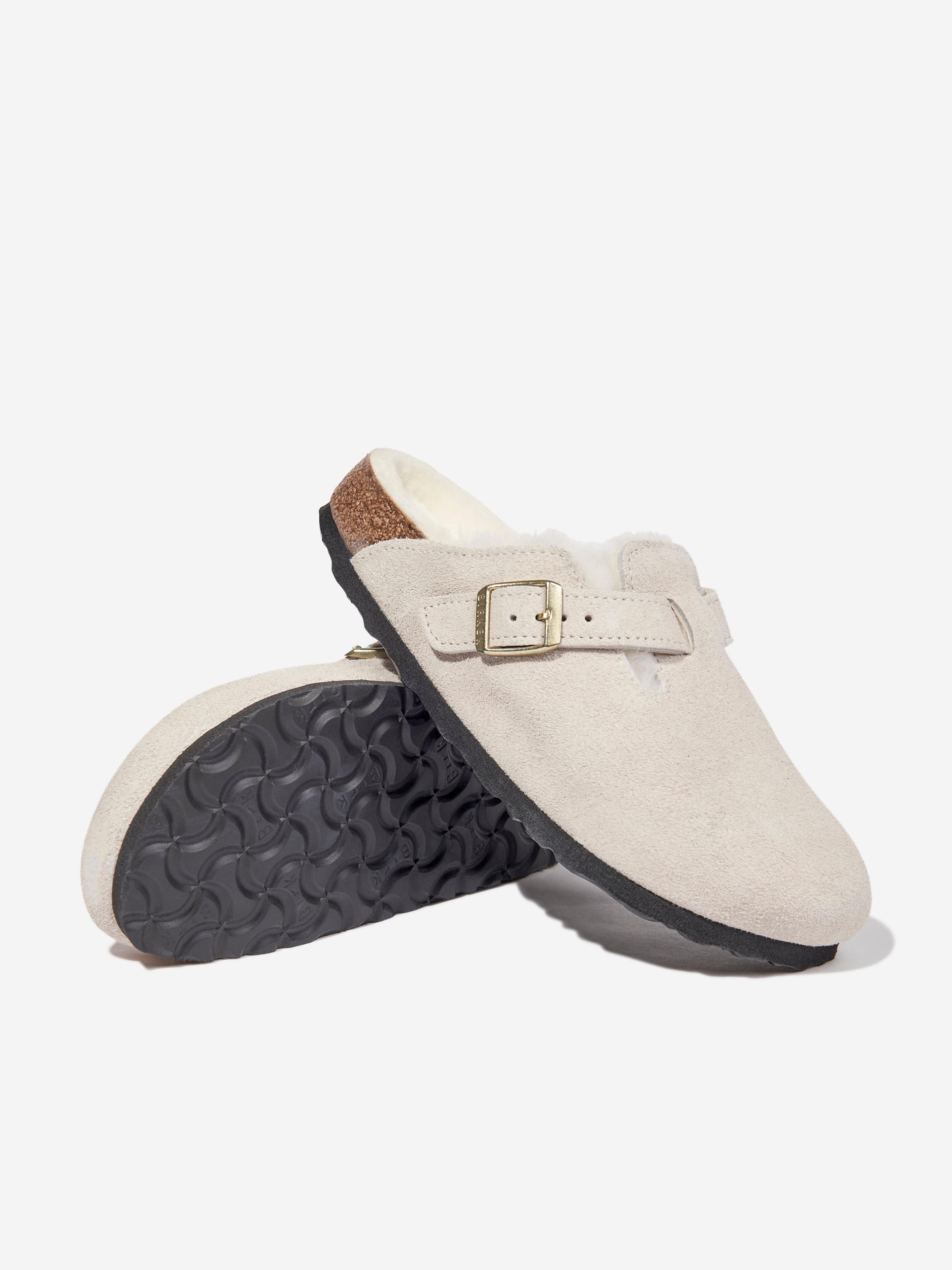 BIRKENSTOCK Boys Boston Shearling Suede Clogs in White