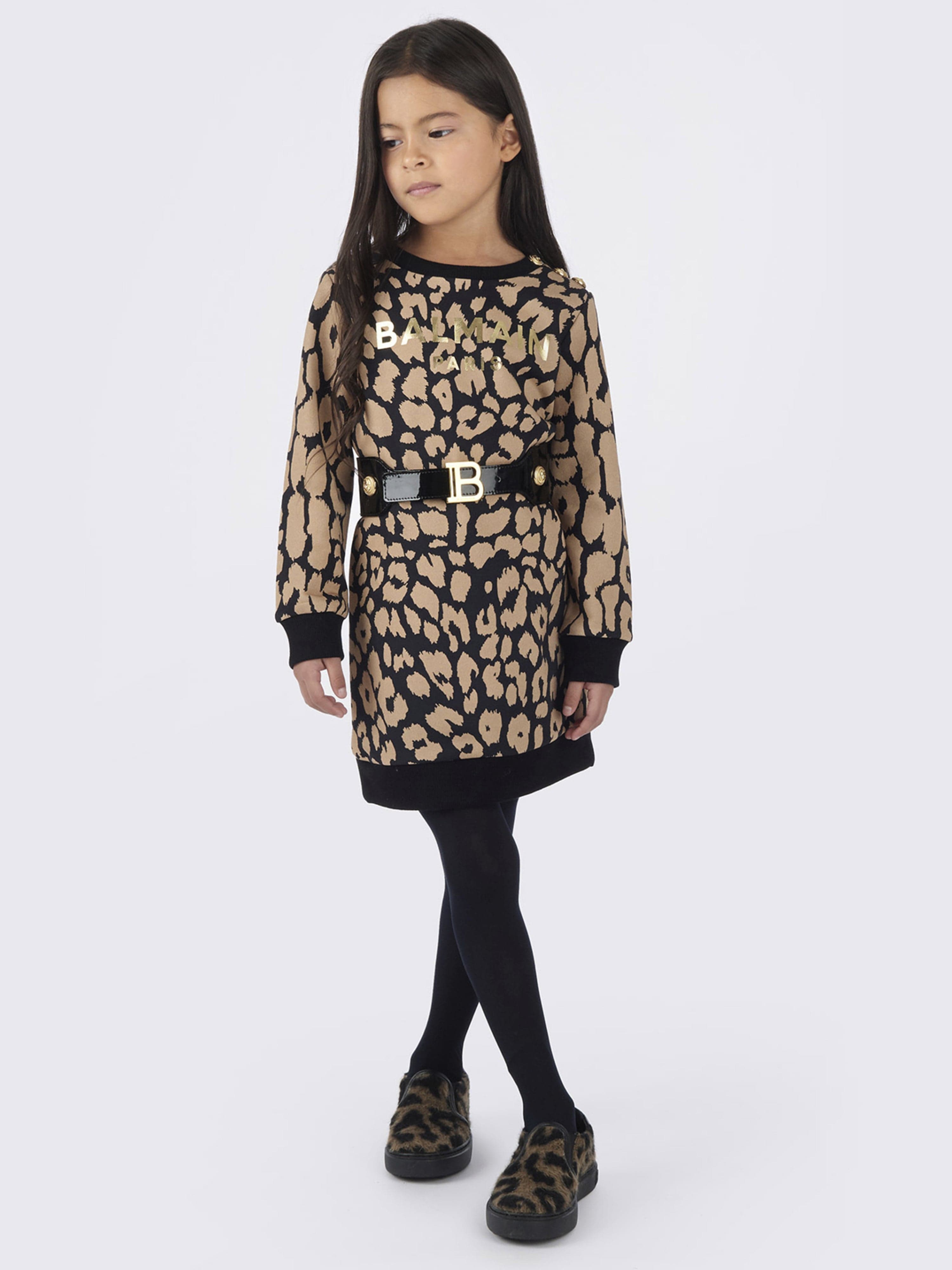 Balmain Girls Leopard Sweater Dress in Brown