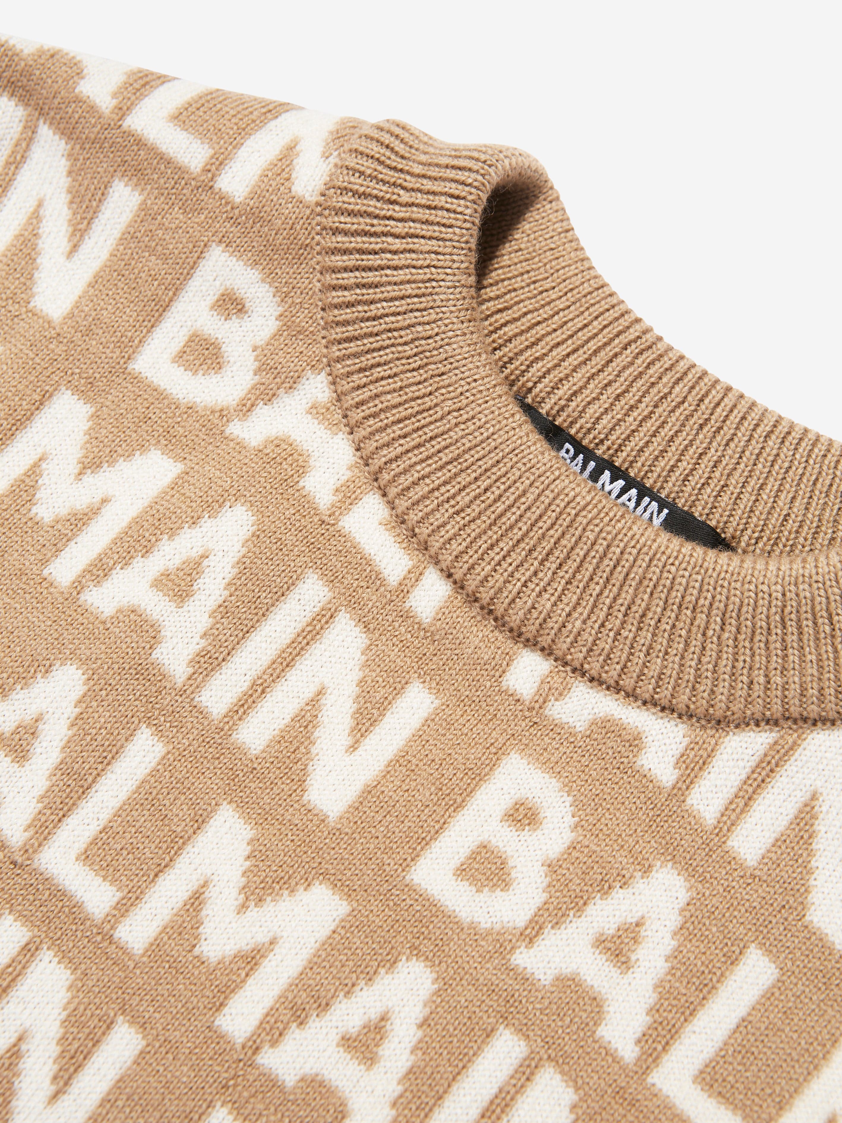 Balmain Boys Wool Mix Knit Jumper in Brown