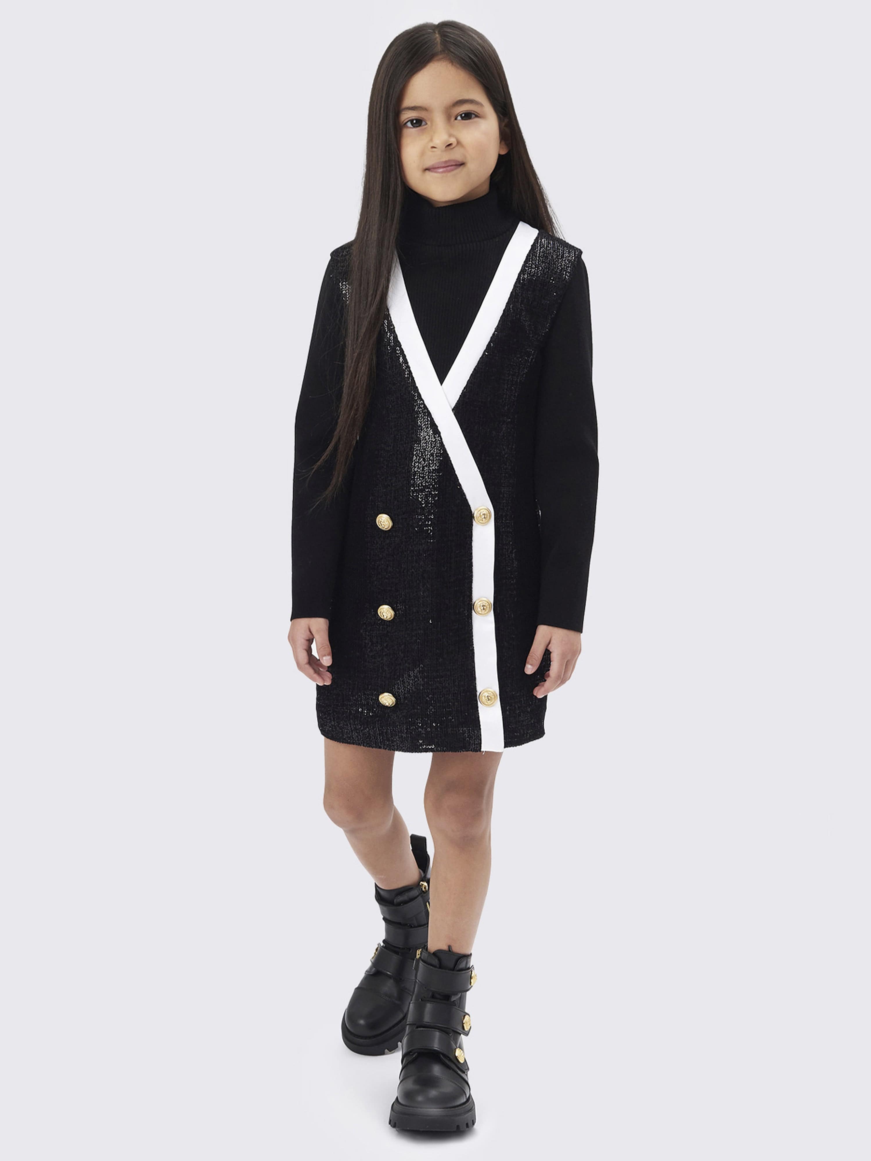 Balmain Girls Woven Button Dress in Black