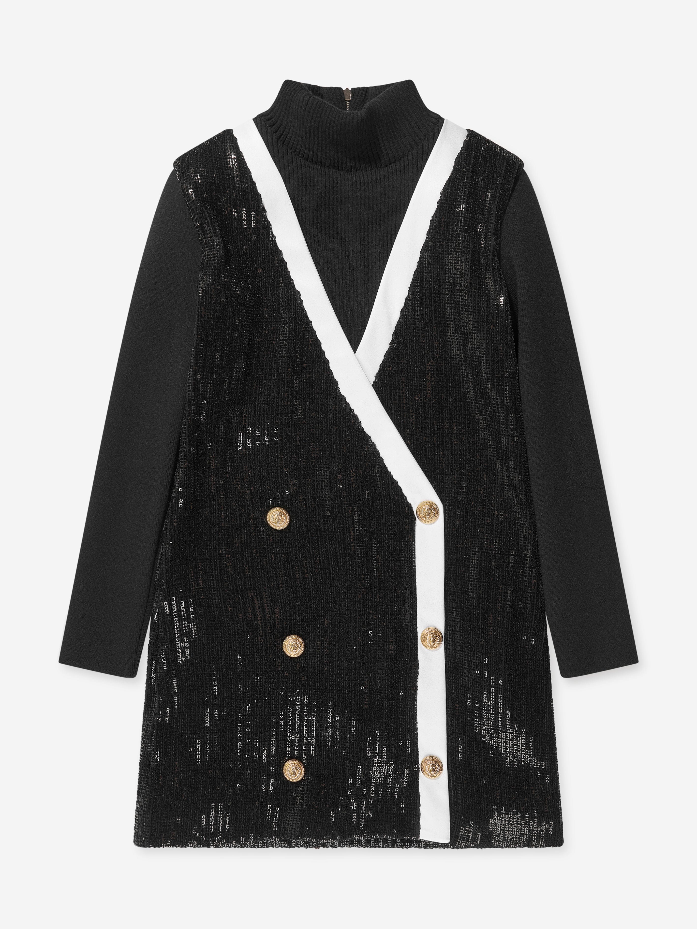 Balmain Girls Woven Button Dress in Black