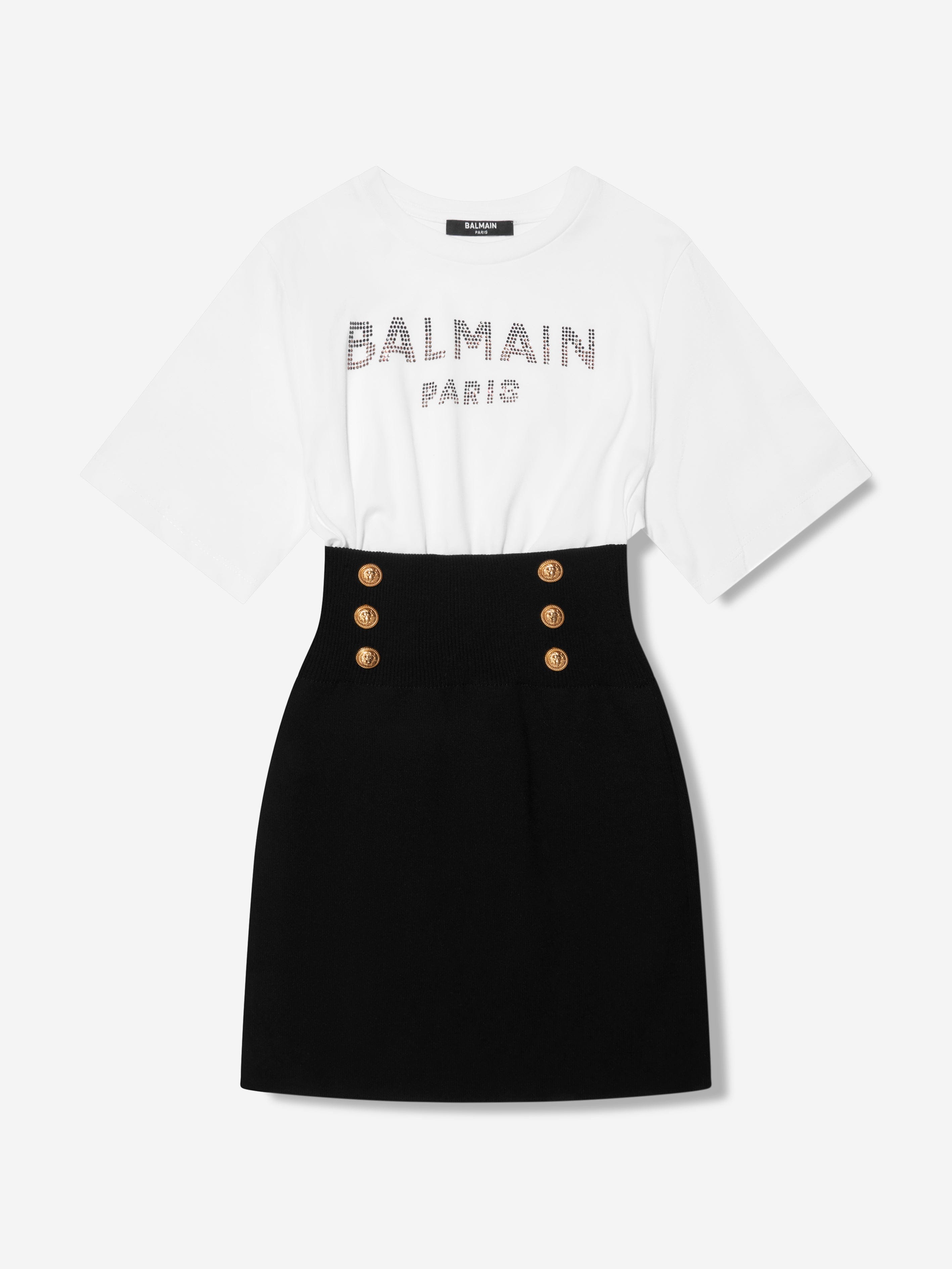 Balmain Girls Buttoned T-Shirt Dress in White