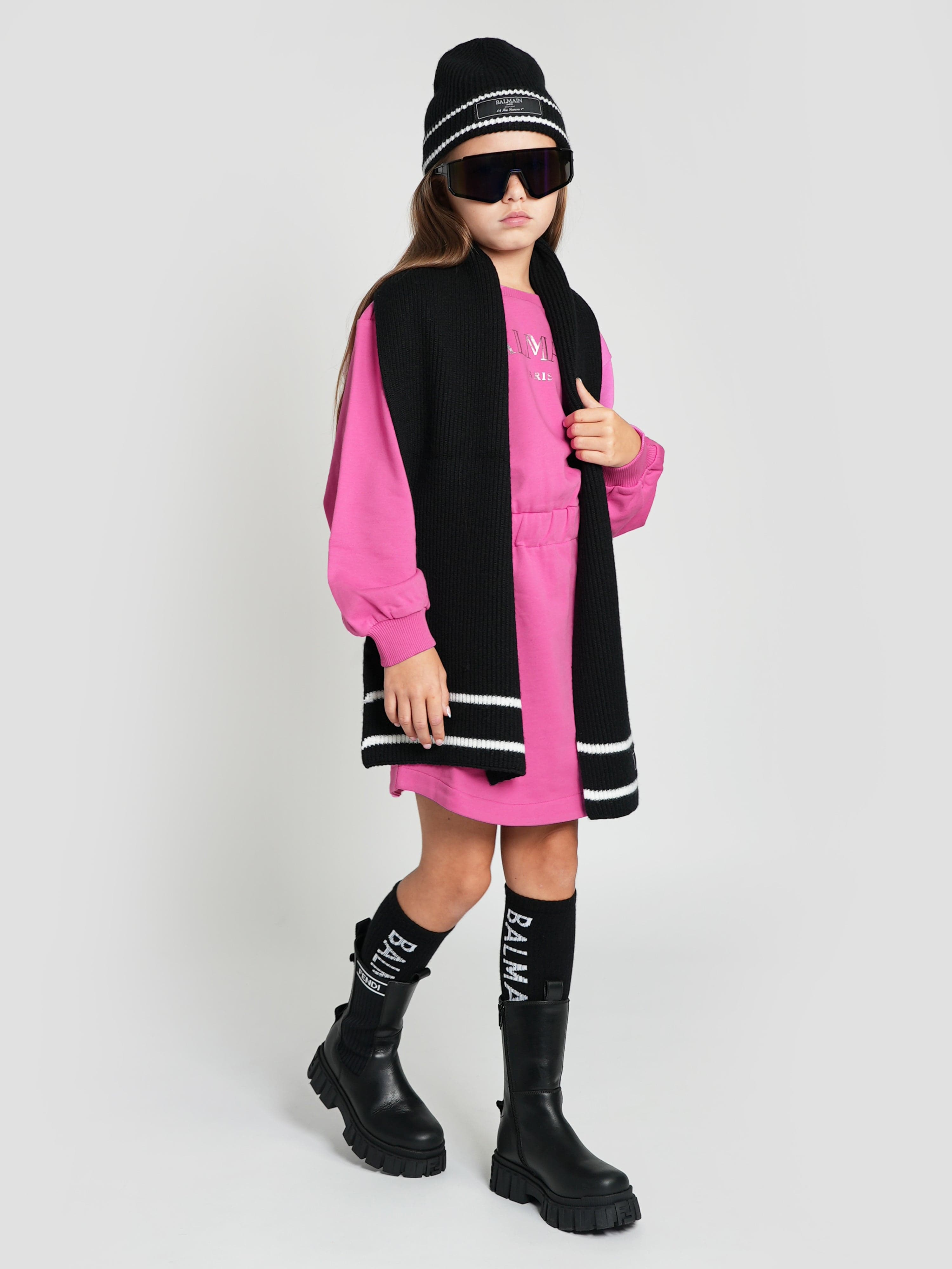 Balmain Girls Logo Sweater Dress in Pink