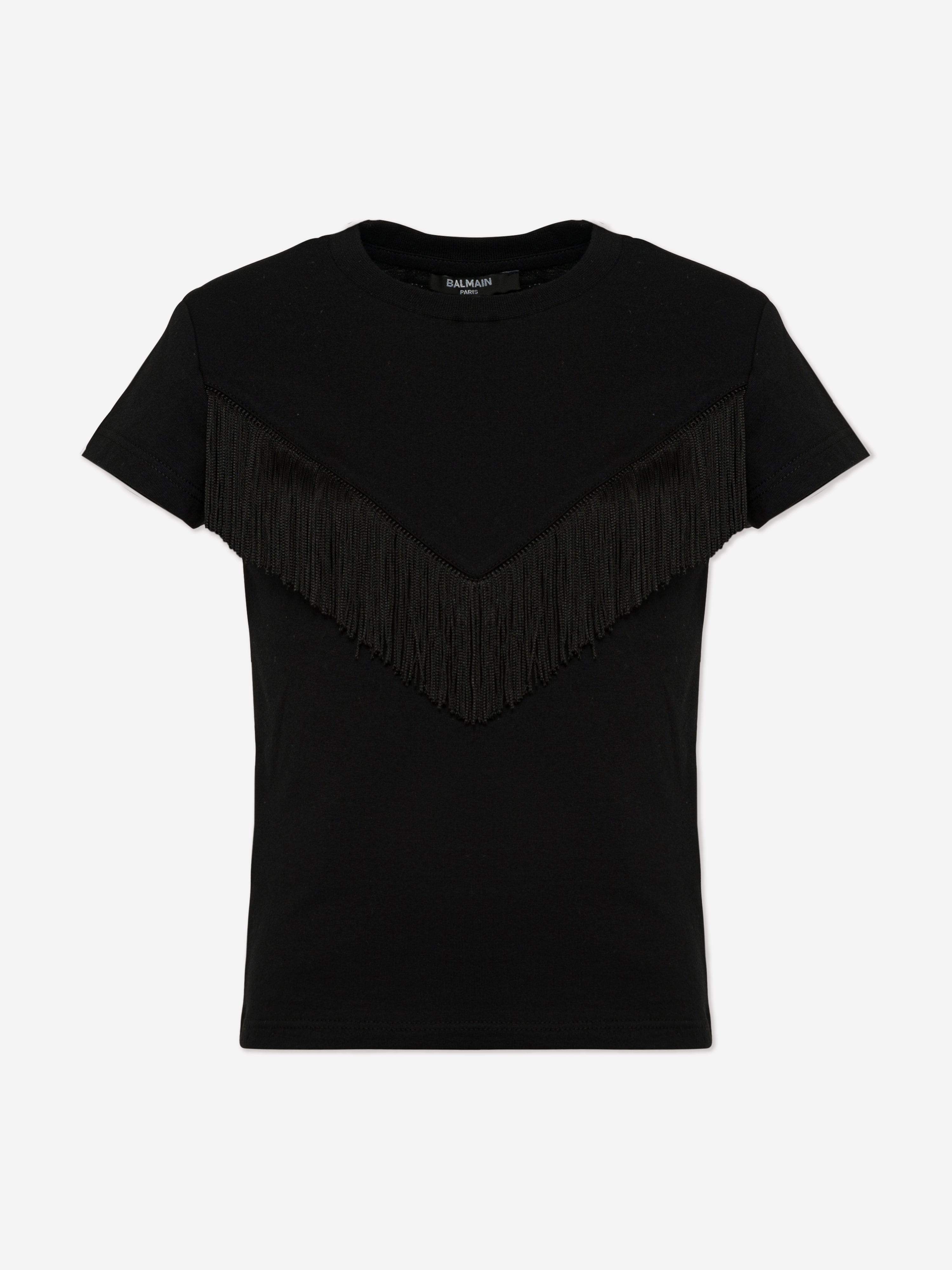 Balmain Girls Fringed T-Shirt in Black