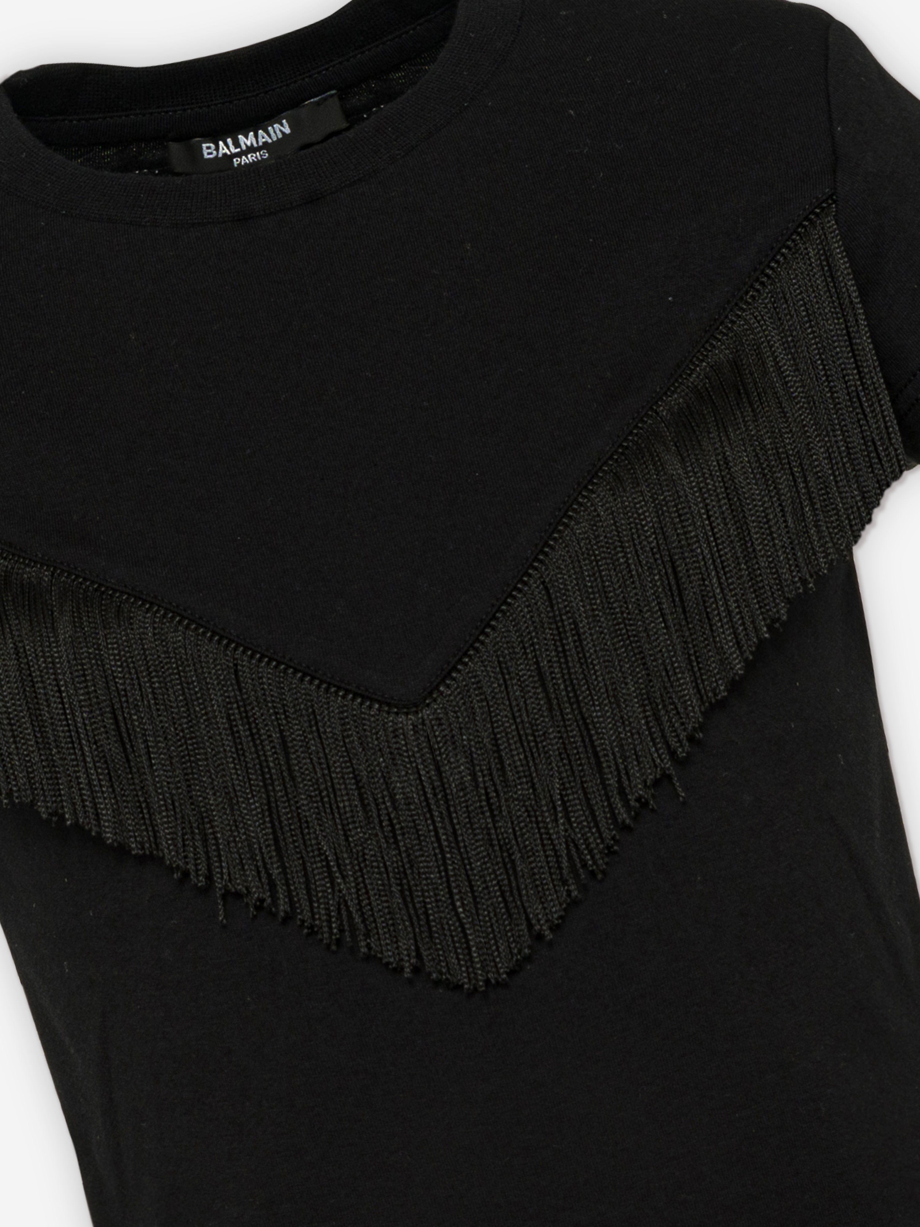 Balmain Girls Fringed T-Shirt in Black