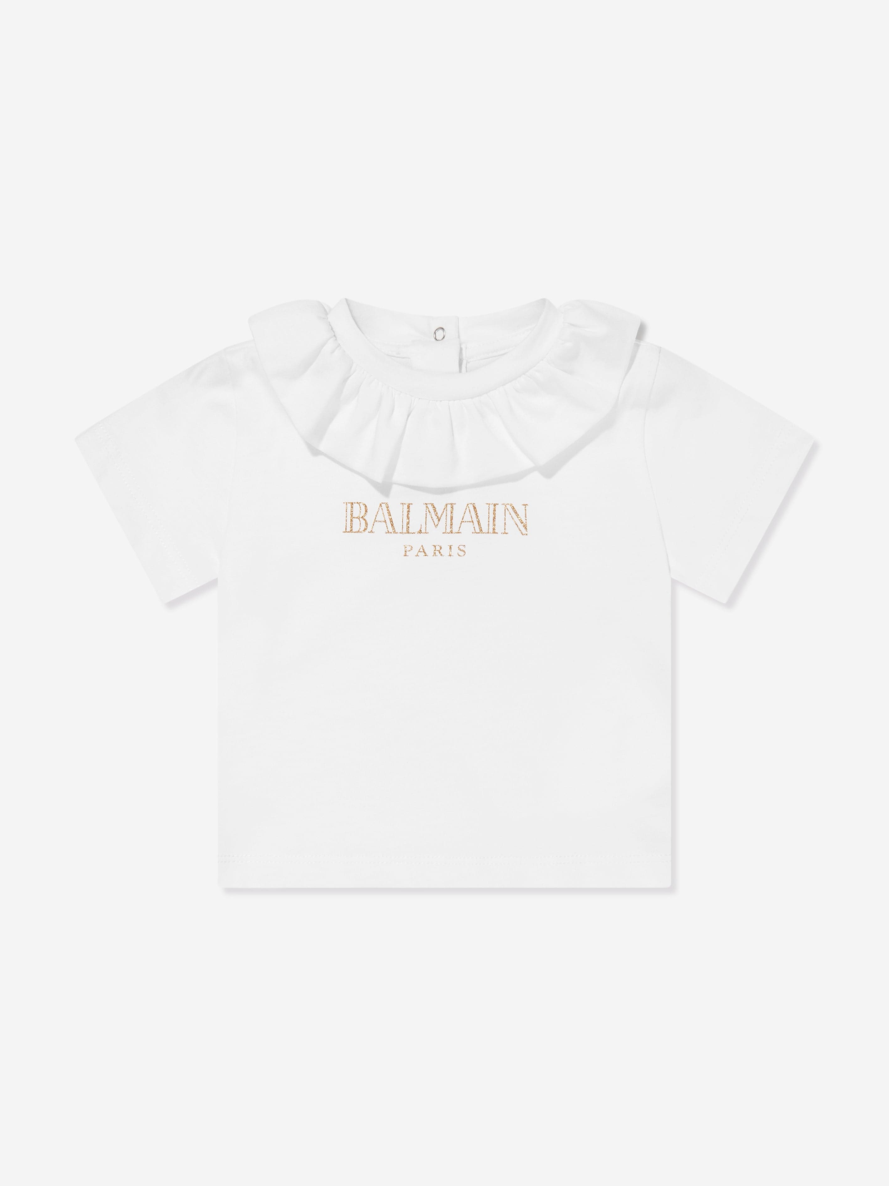 Balmain Baby Girls Frilly Collar Logo T-Shirt in White