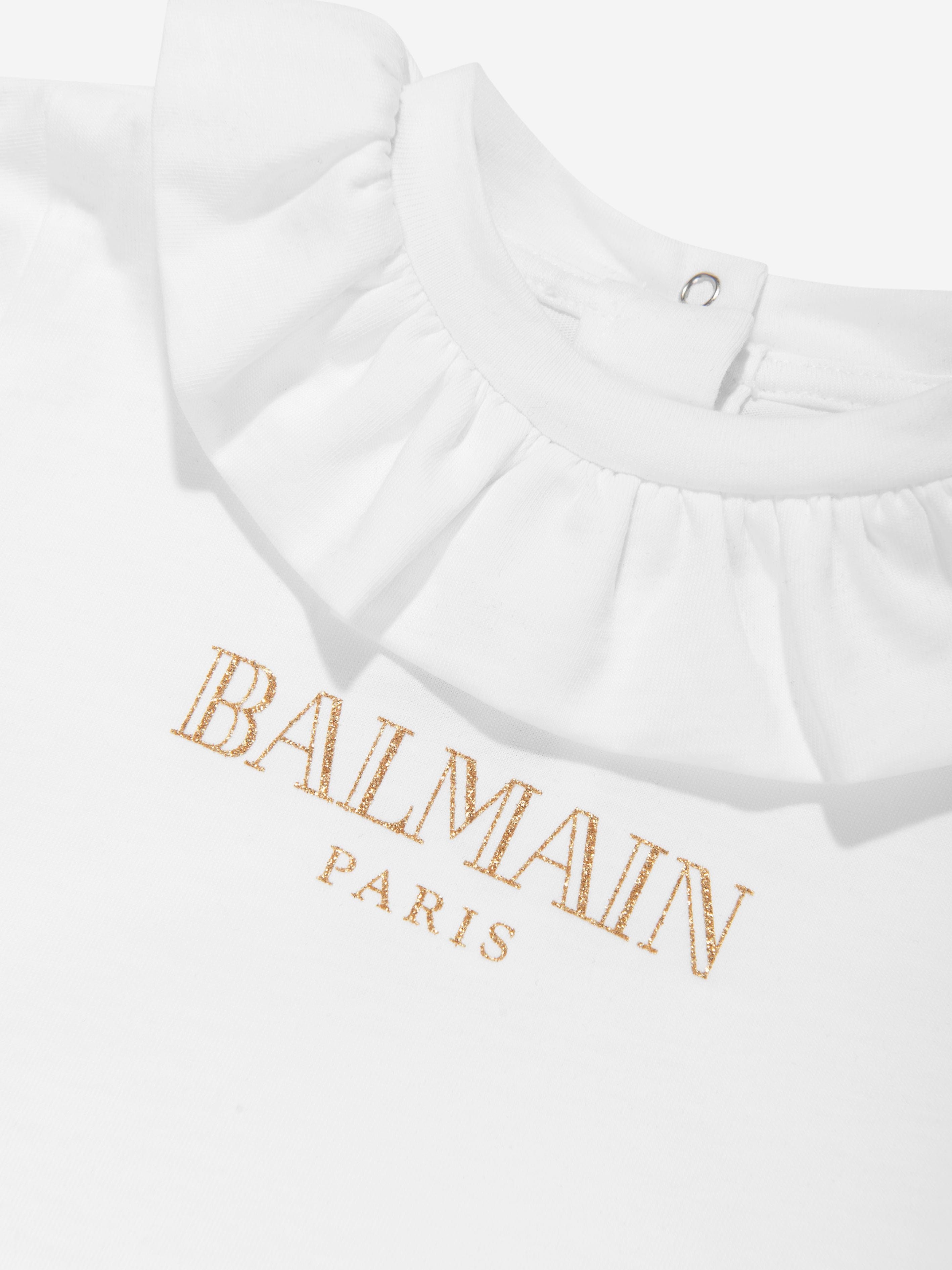 Balmain Baby Girls Frilly Collar Logo T-Shirt in White