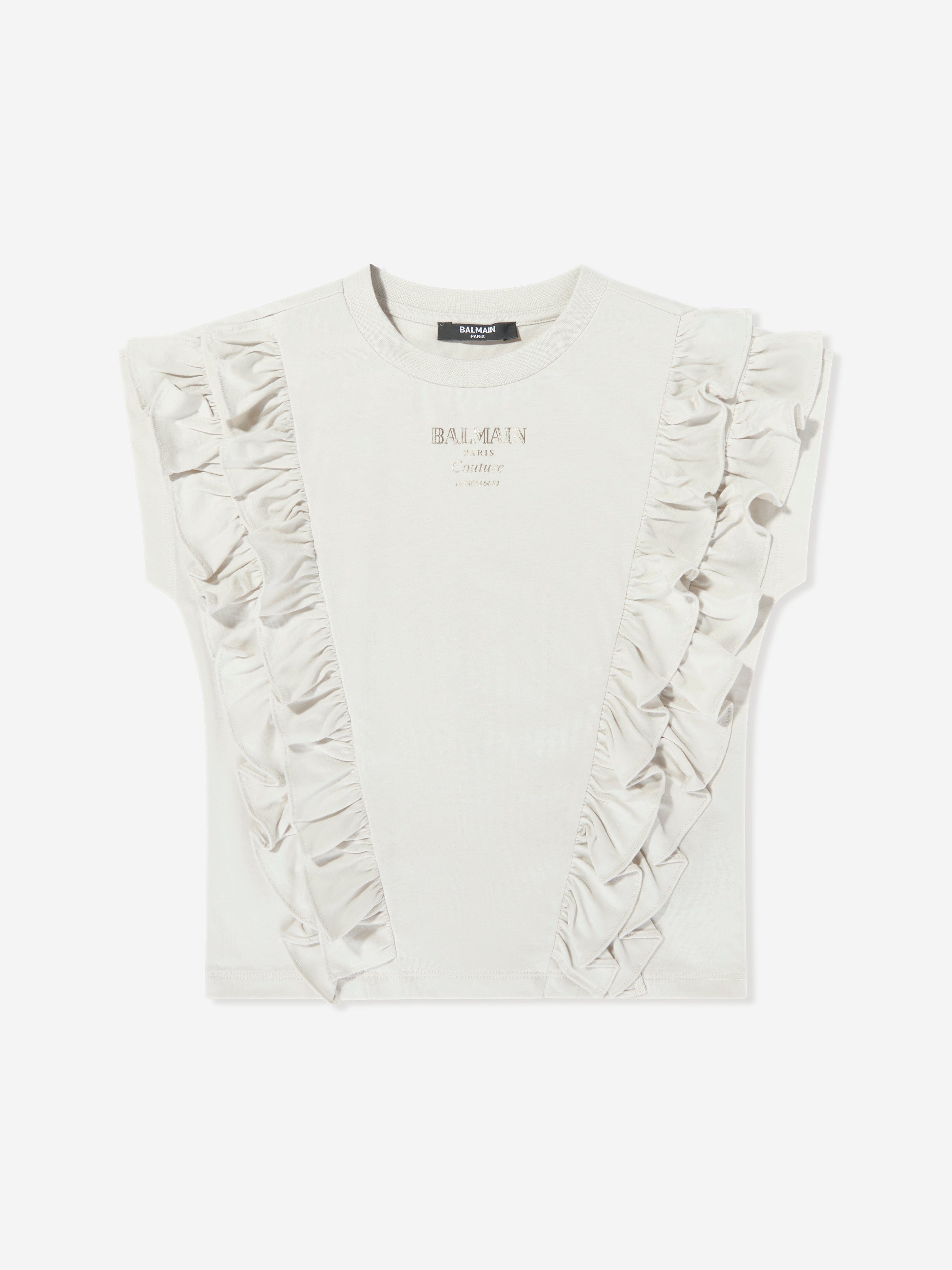 Balmain Girls Logo Ruffle Top in Beige