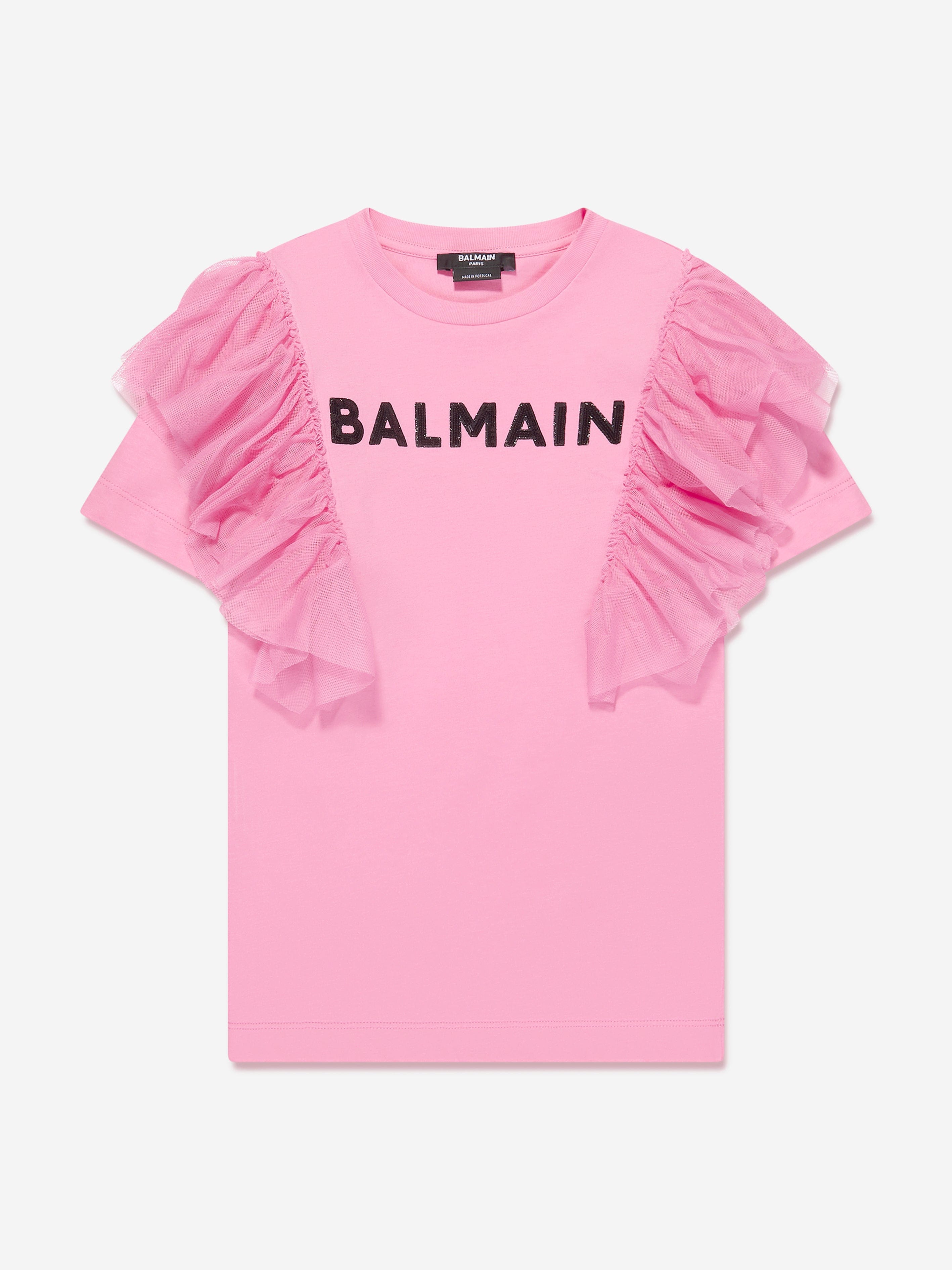 Balmain Girls Tulle Trim Jersey Dress in Pink