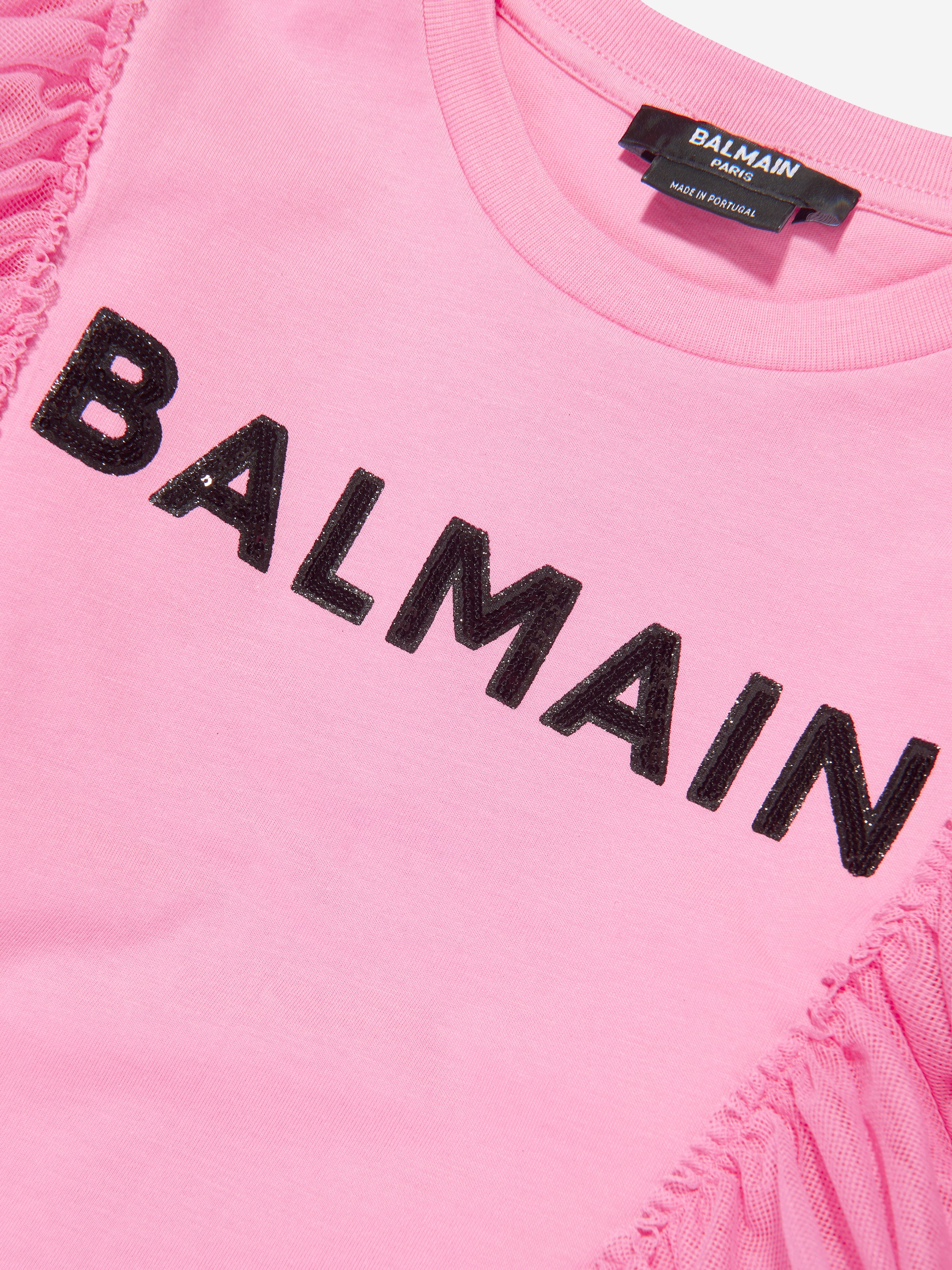 Balmain Girls Tulle Trim Jersey Dress in Pink