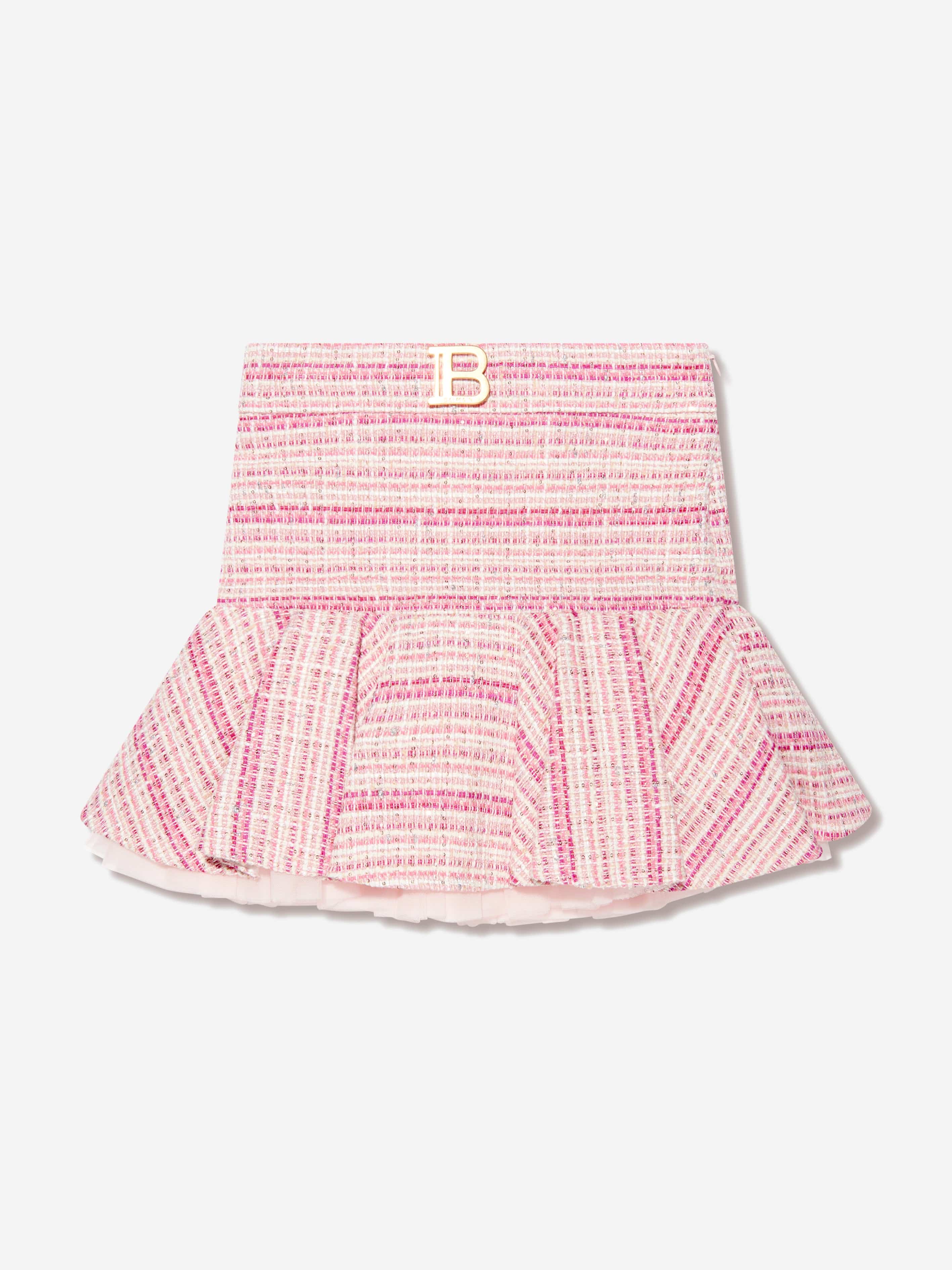 Balmain Girls Tweed Logo Skirt in Pink