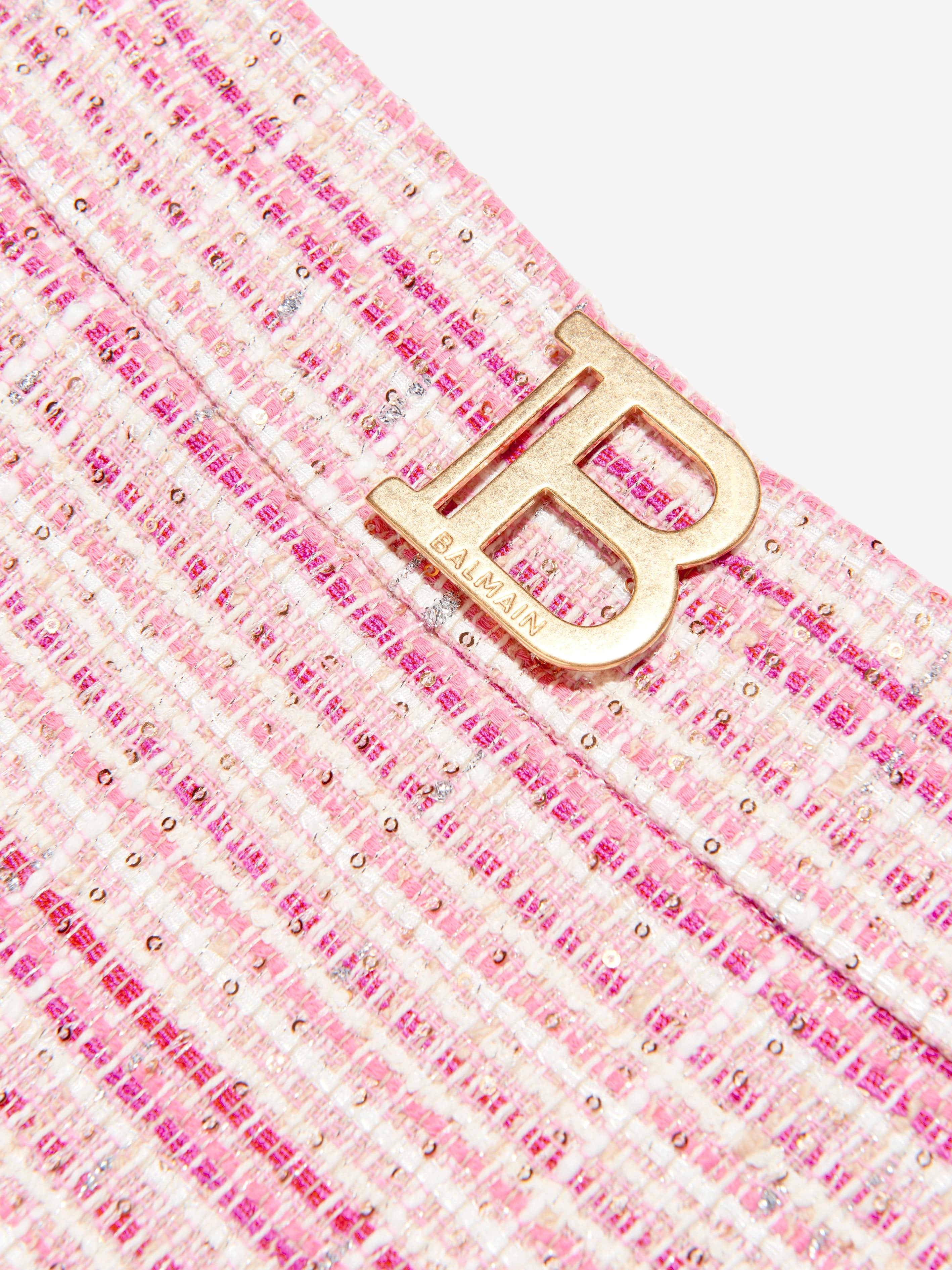 Balmain Girls Tweed Logo Skirt in Pink