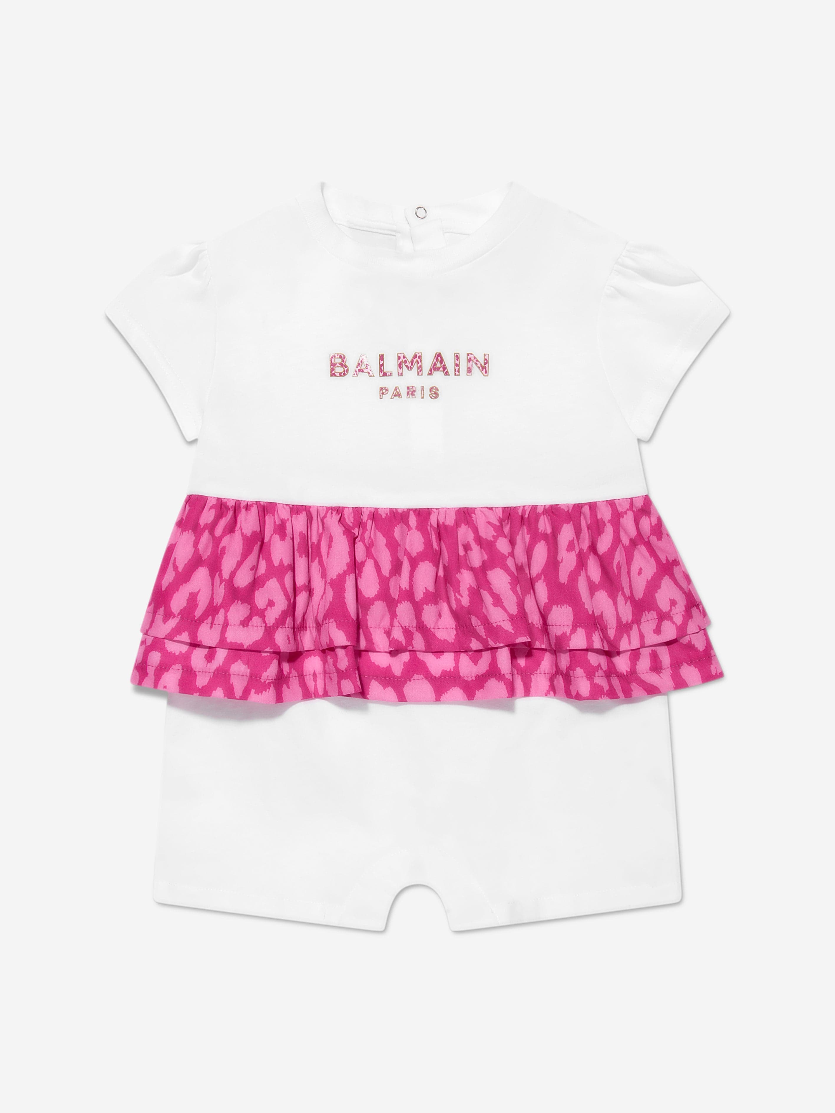 Balmain Baby Girls Leopard Ruffle Romper in White