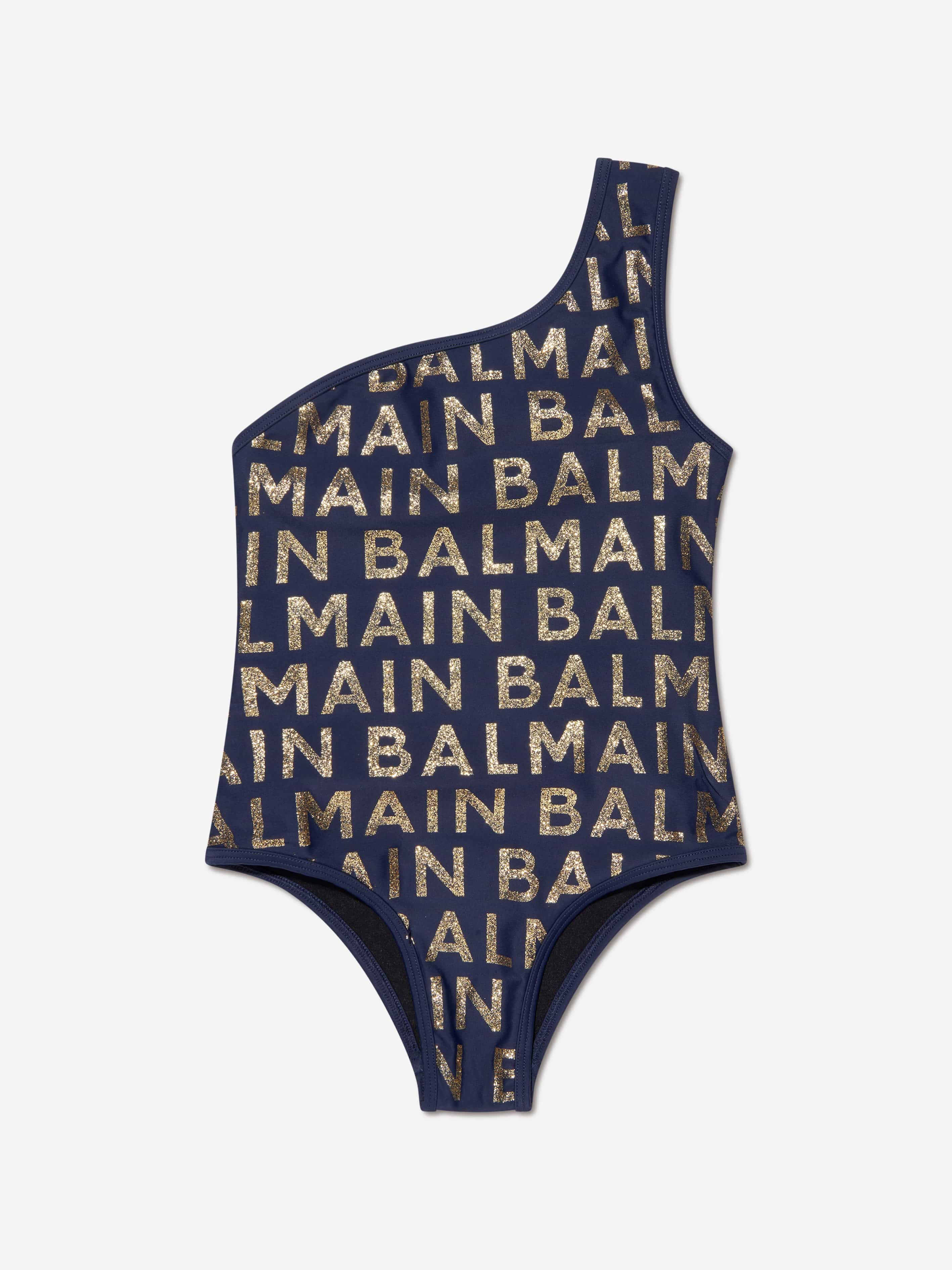 Balmain Girls One Shoulder Logo Swimsuit in Navy