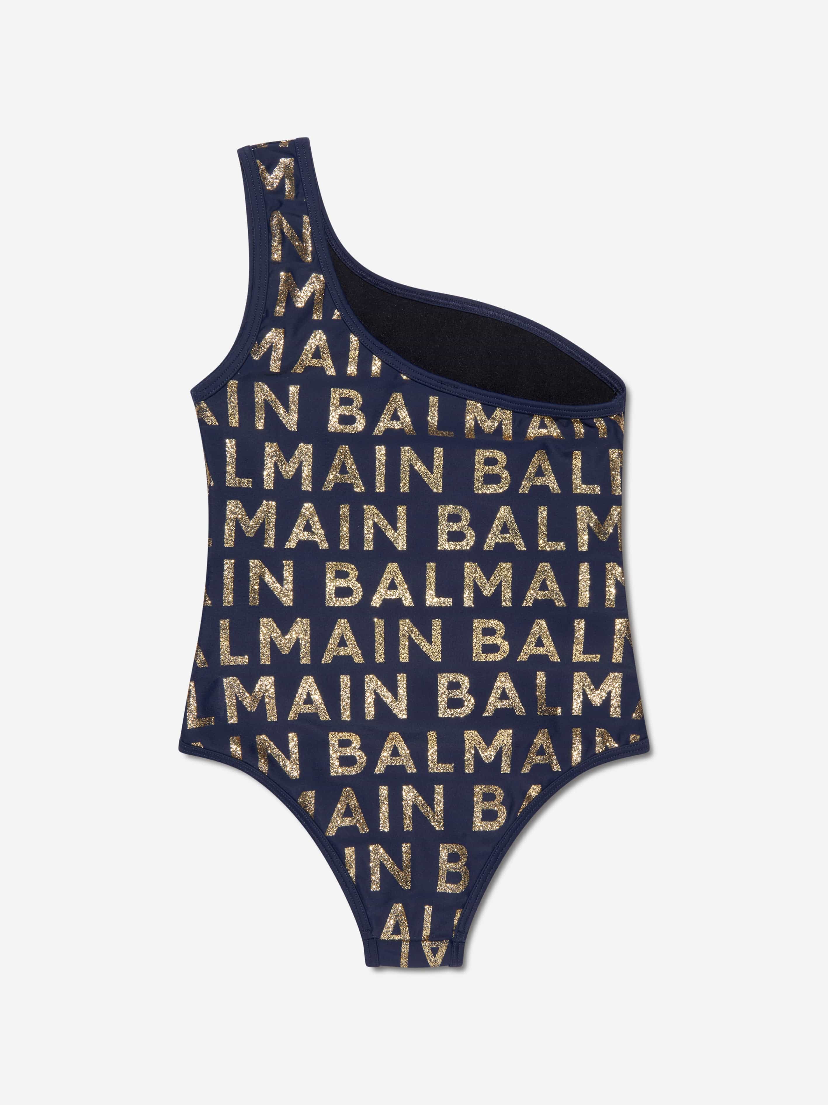 Balmain Girls One Shoulder Logo Swimsuit in Navy