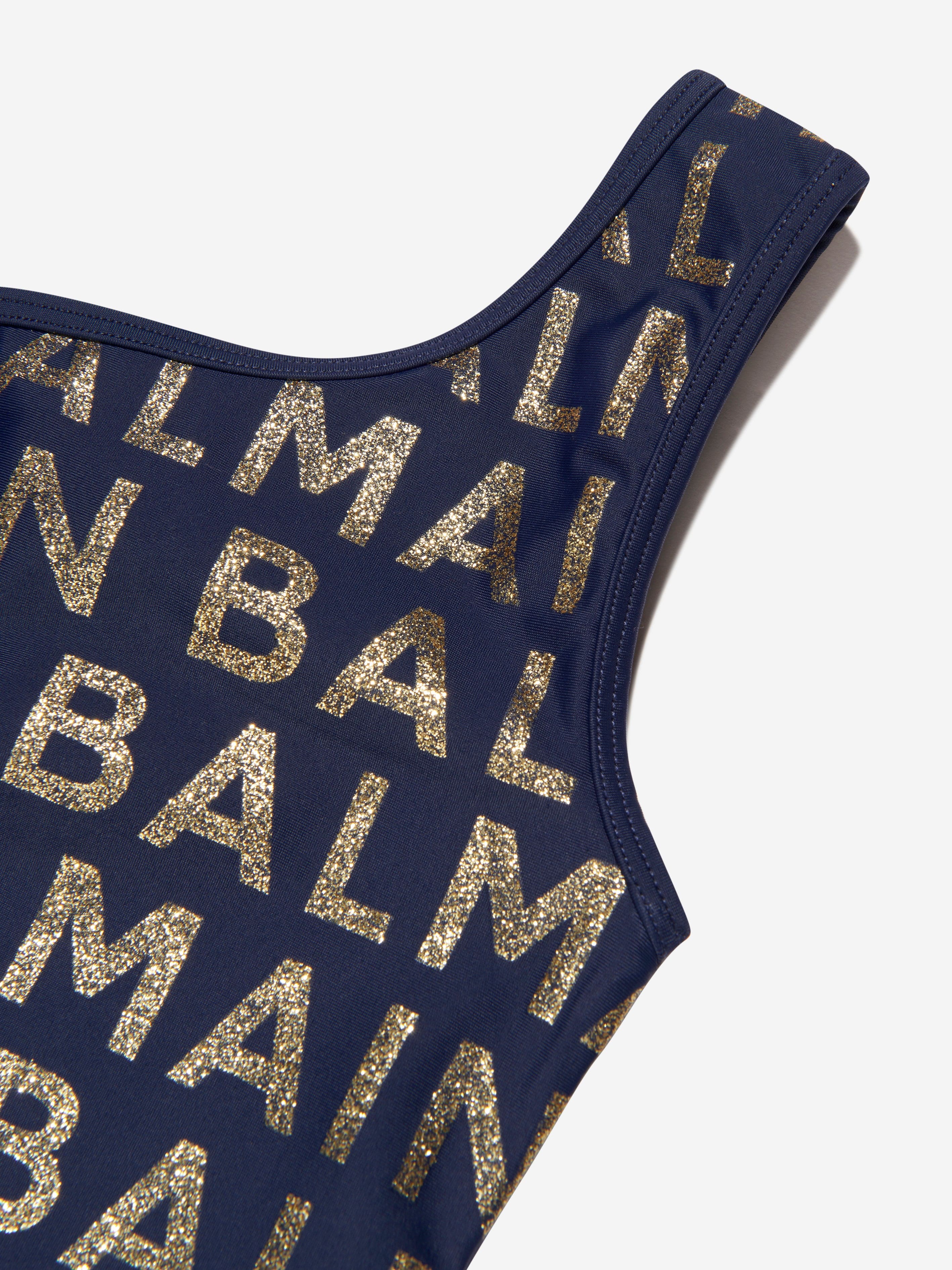 Balmain Girls One Shoulder Logo Swimsuit in Navy