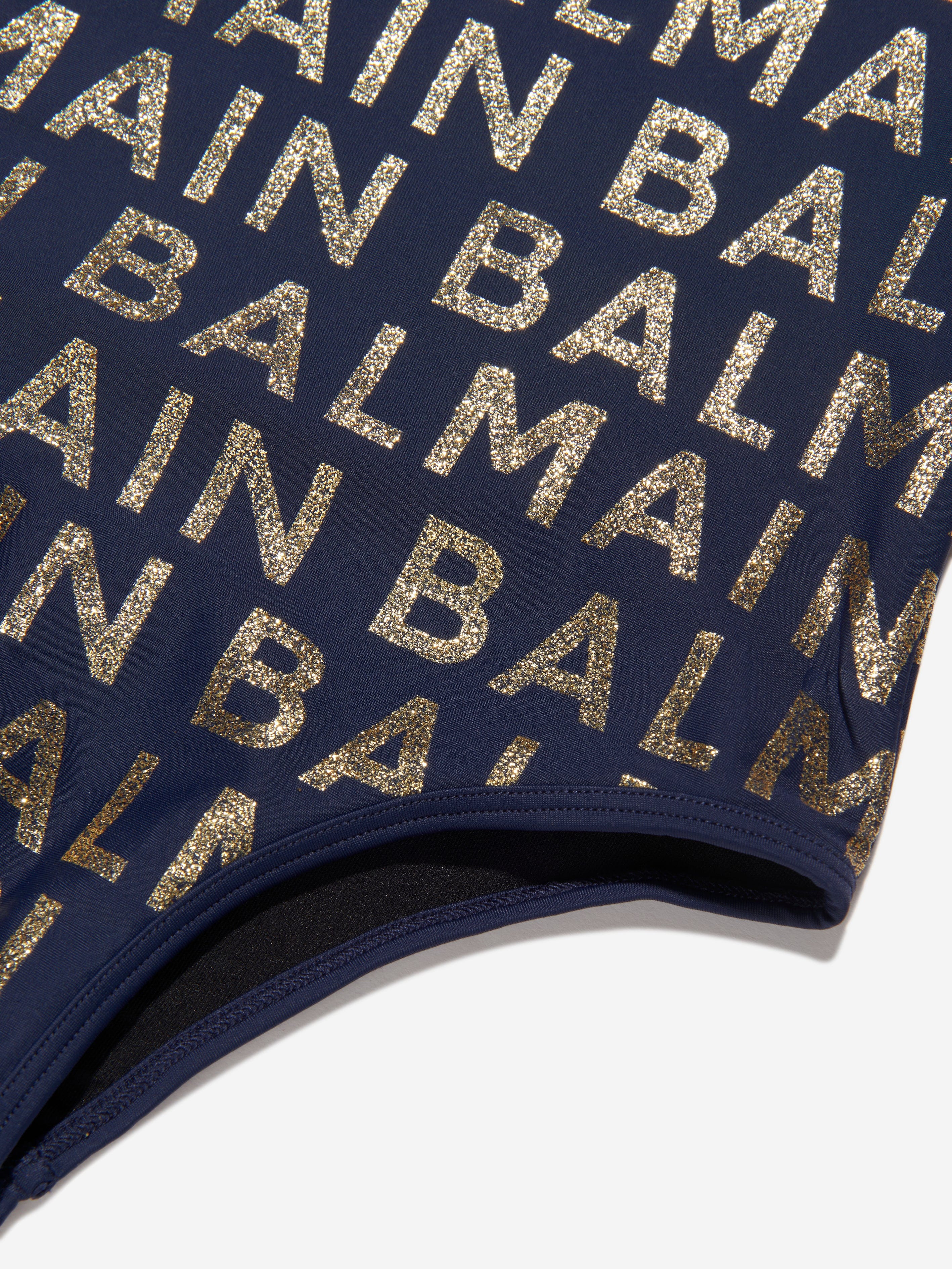 Balmain Girls One Shoulder Logo Swimsuit in Navy