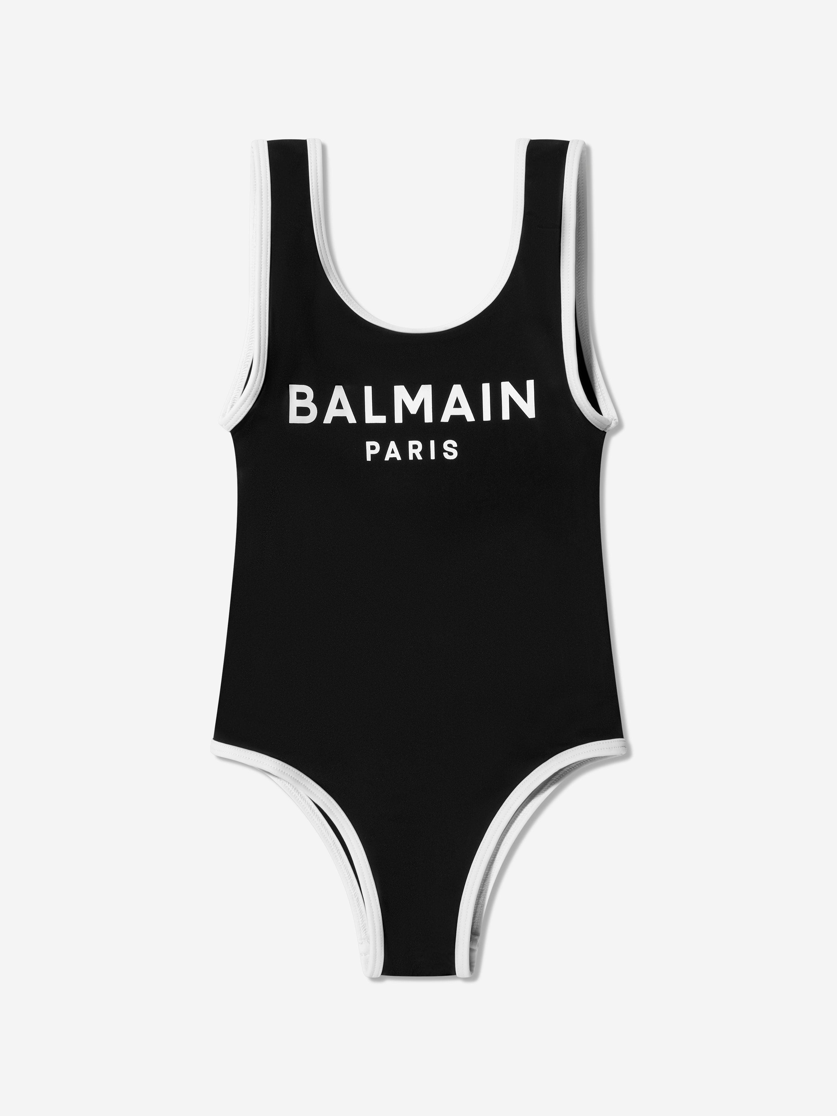 Balmain Girls Logo Print Swimsuit in Black