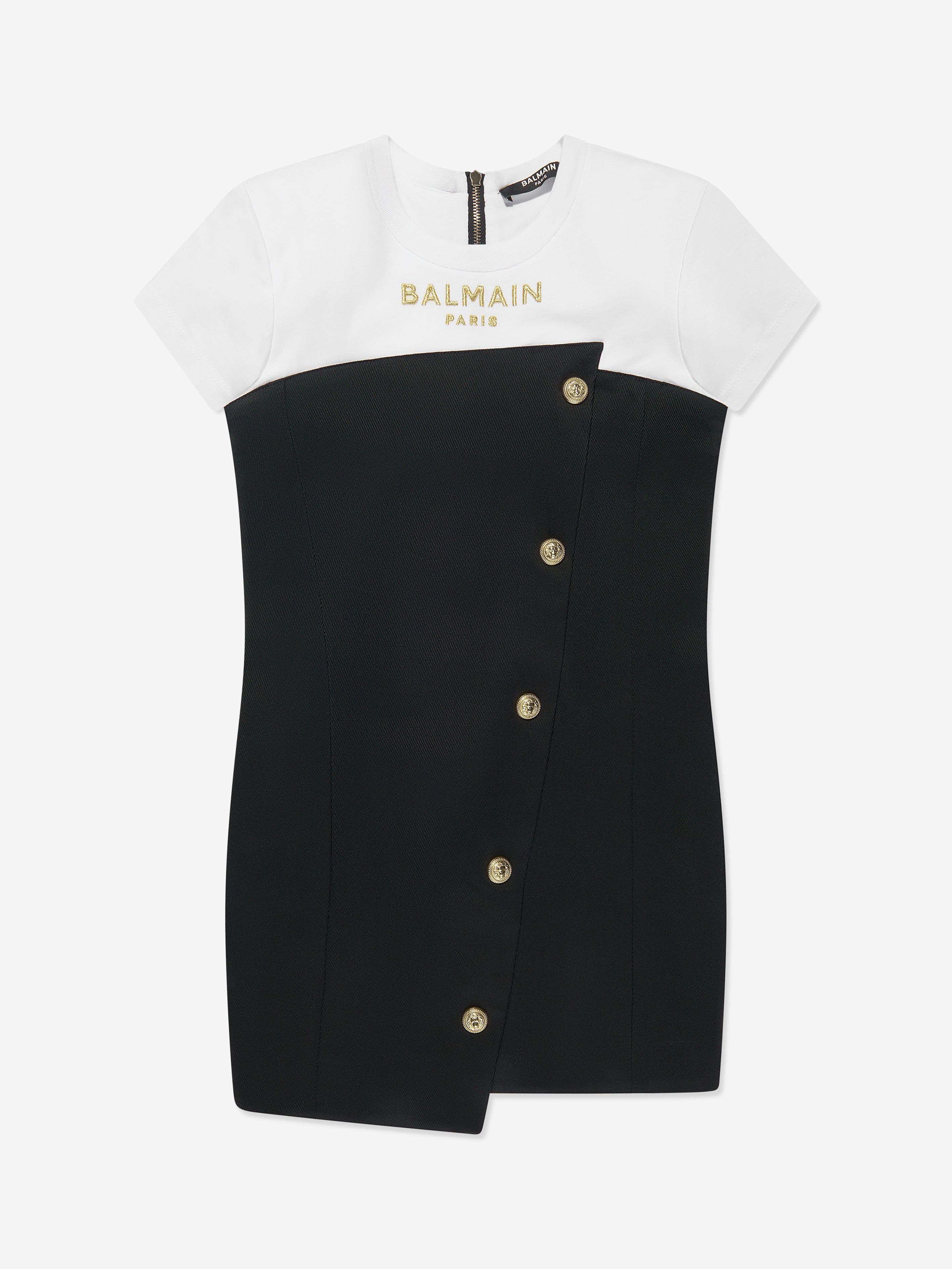 Balmain Girls Woven Button Front Dress in Black