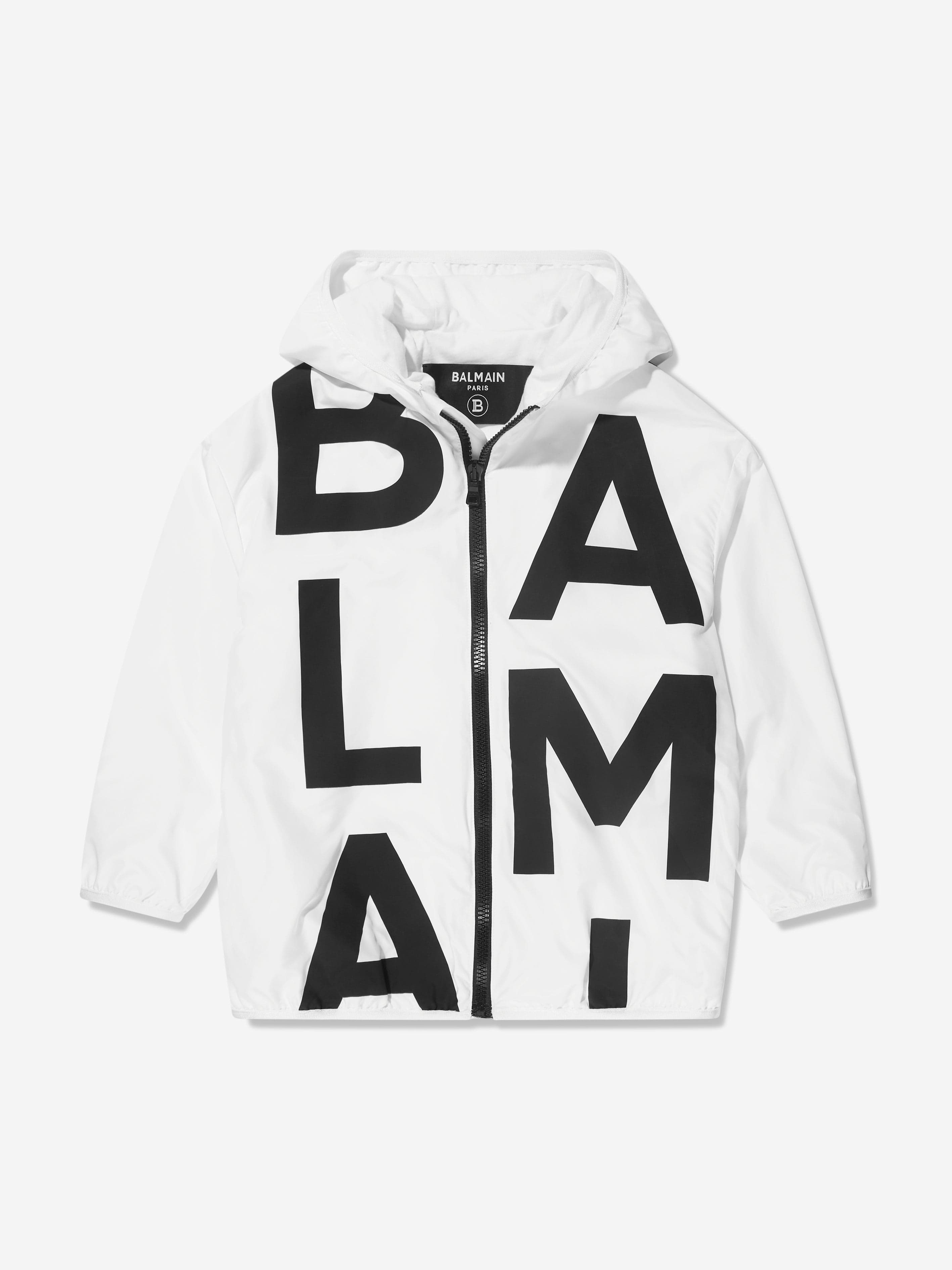 Balmain Boys Logo Print Hooded Jacket in White