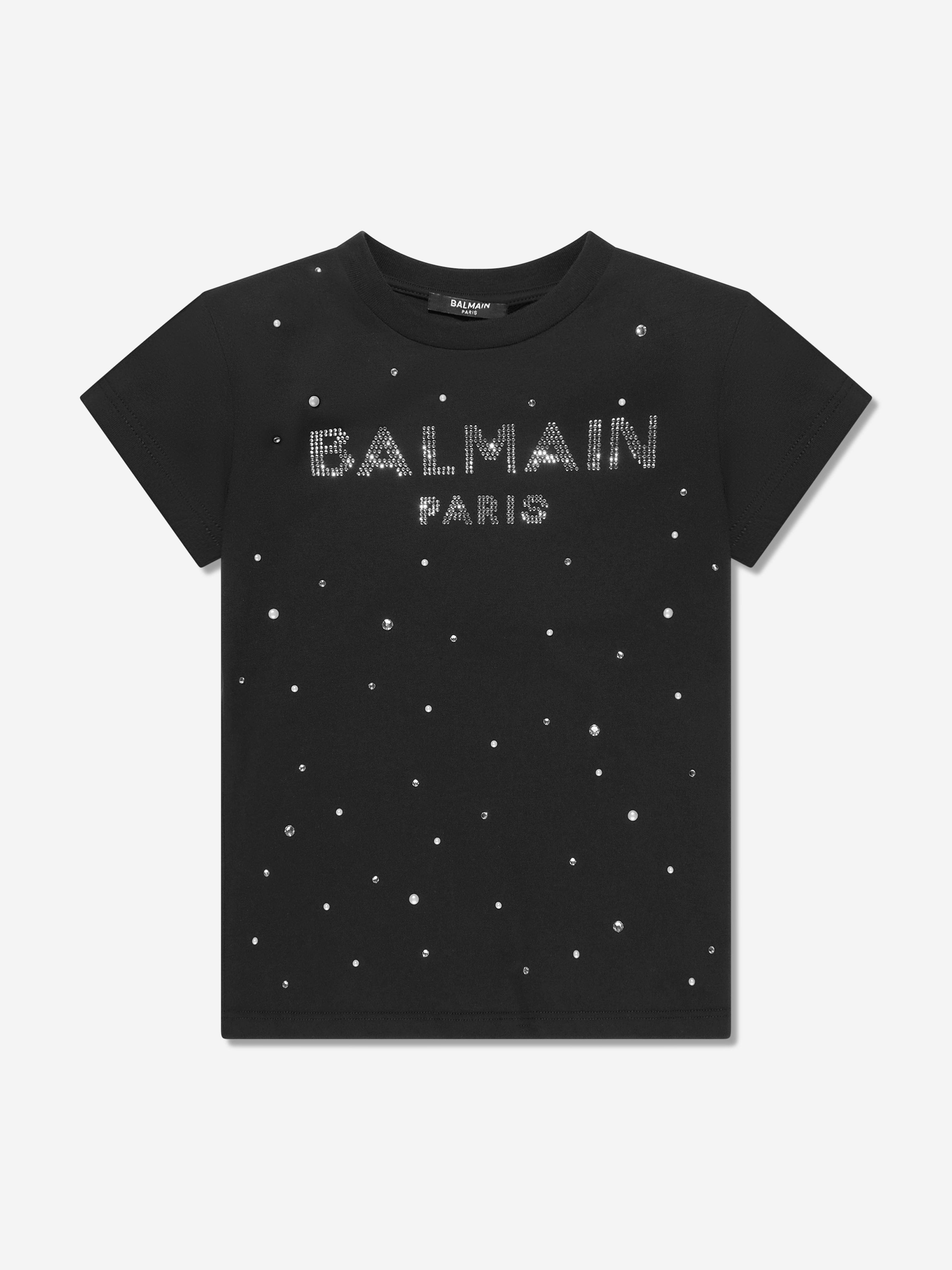 Balmain Girls Diamante Logo T-Shirt in Black