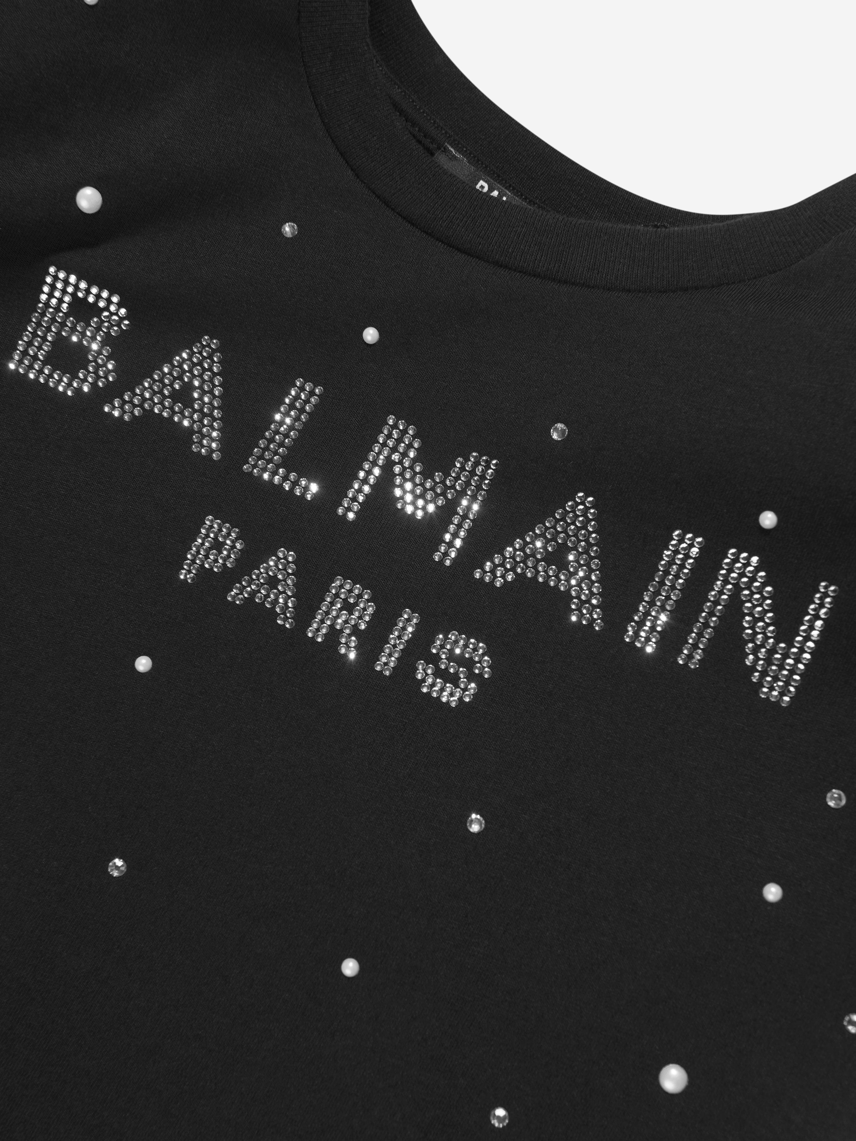 Balmain Girls Diamante Logo T-Shirt in Black