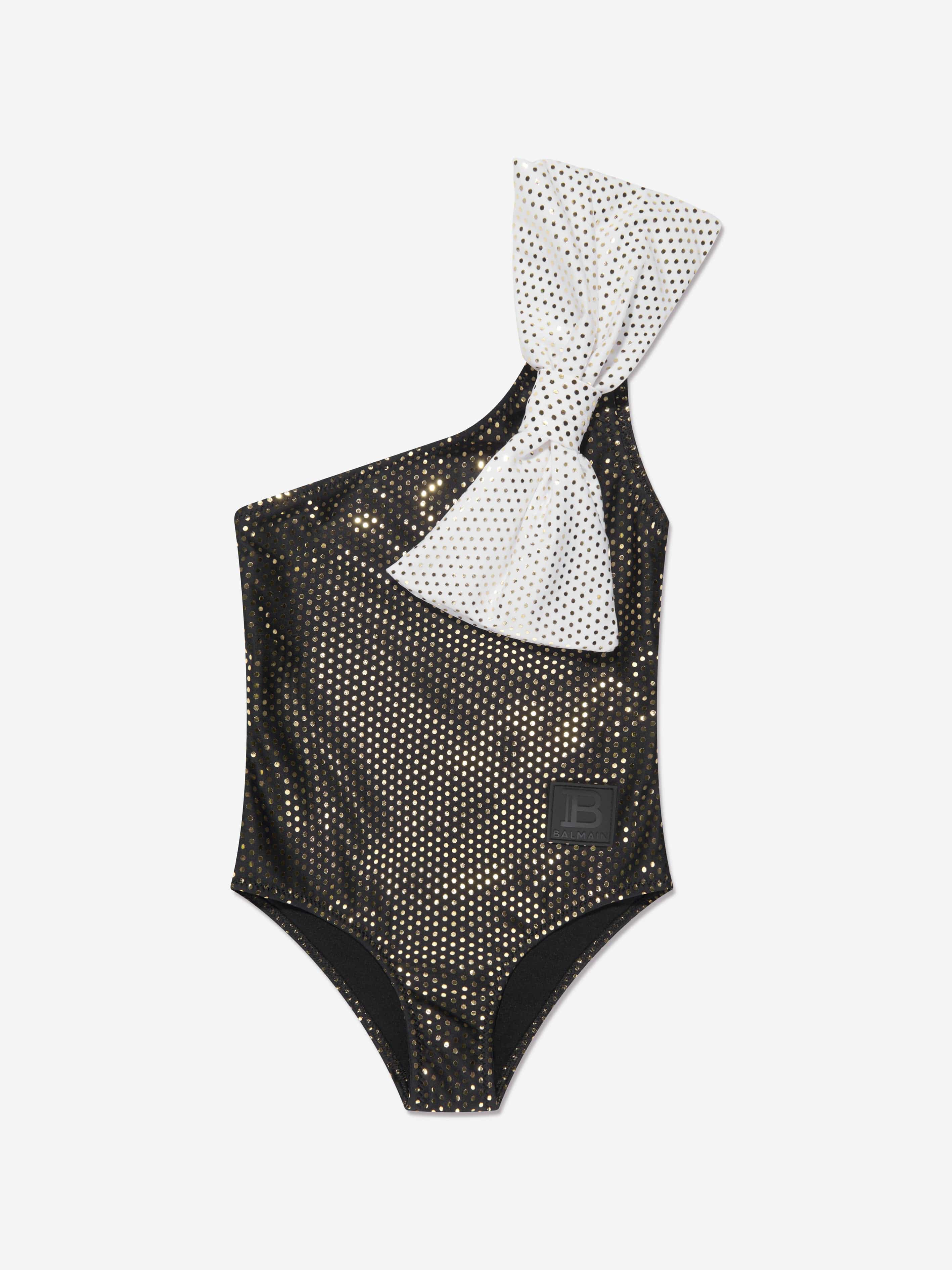 Balmain Girls One Shoulder Bow Swimsuit in Black