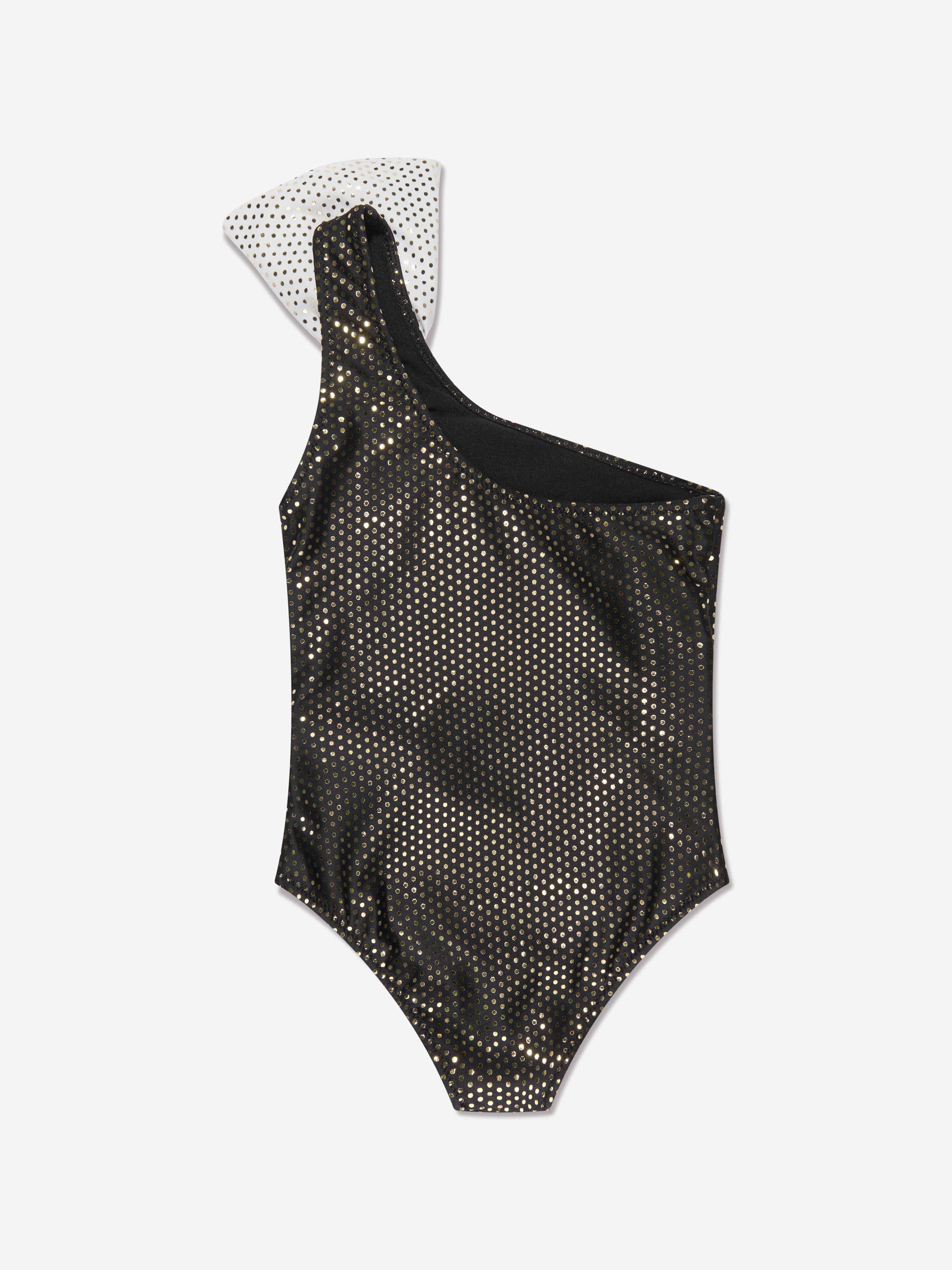 Balmain Girls One Shoulder Bow Swimsuit in Black