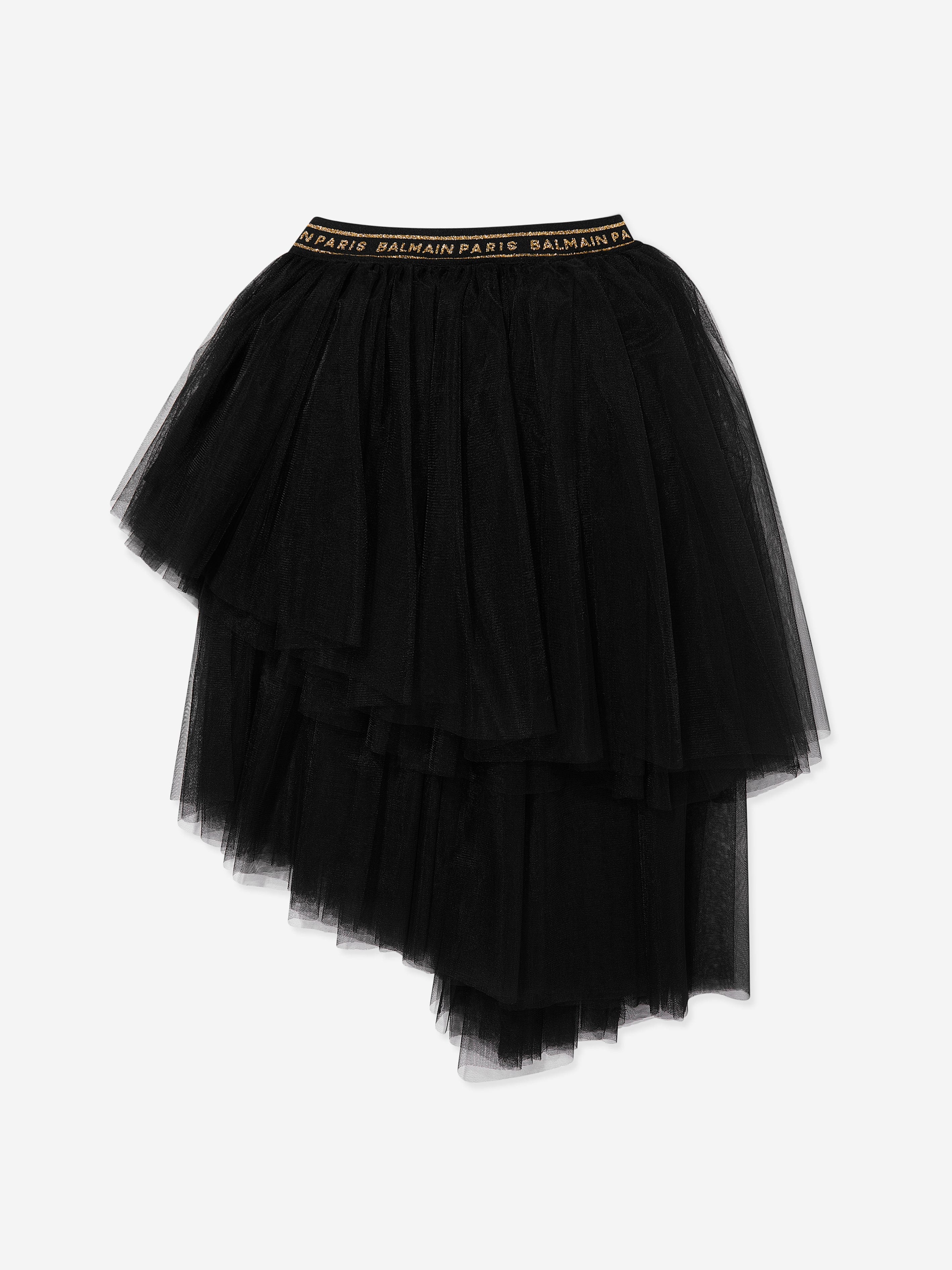 Balmain Girls Asymmetrical Ruffle Skirt in Black