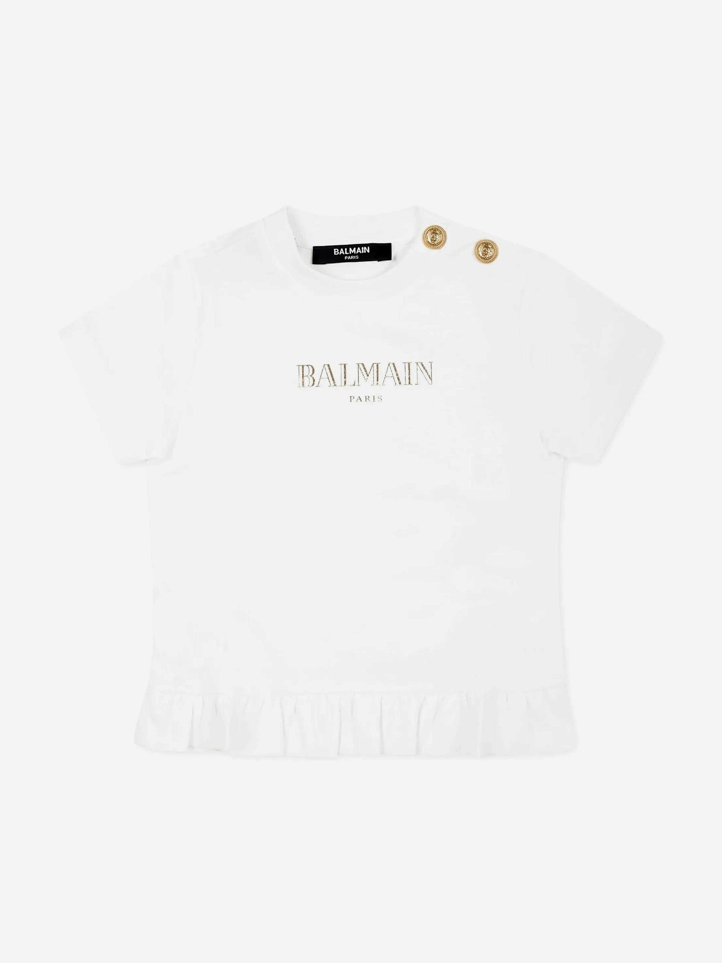 Balmain T Shirt White And Gold Balmain Baby Girls Logo T-Shirt In