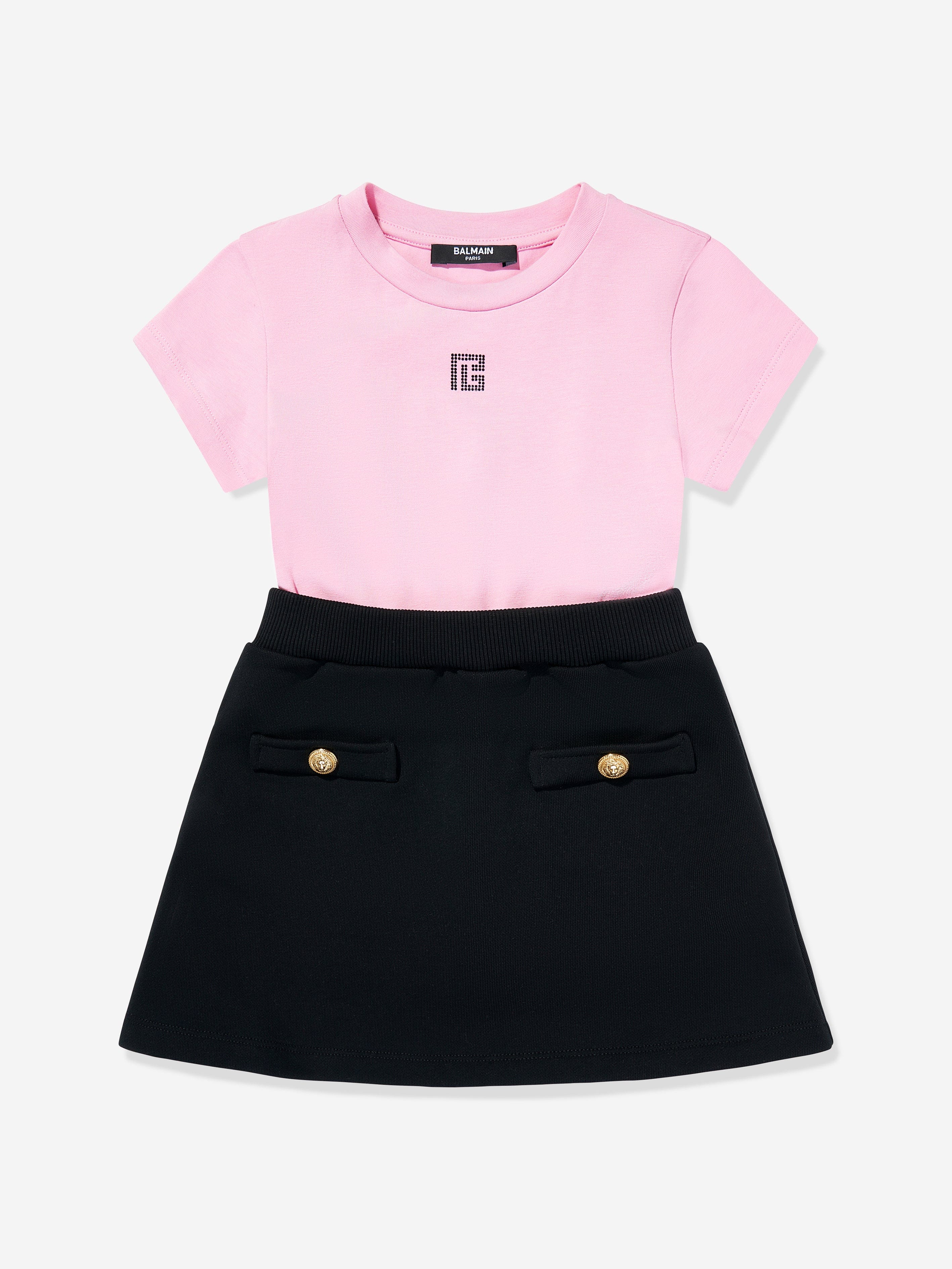 Balmain Girls Monogram Logo Jersey Dress in Pink