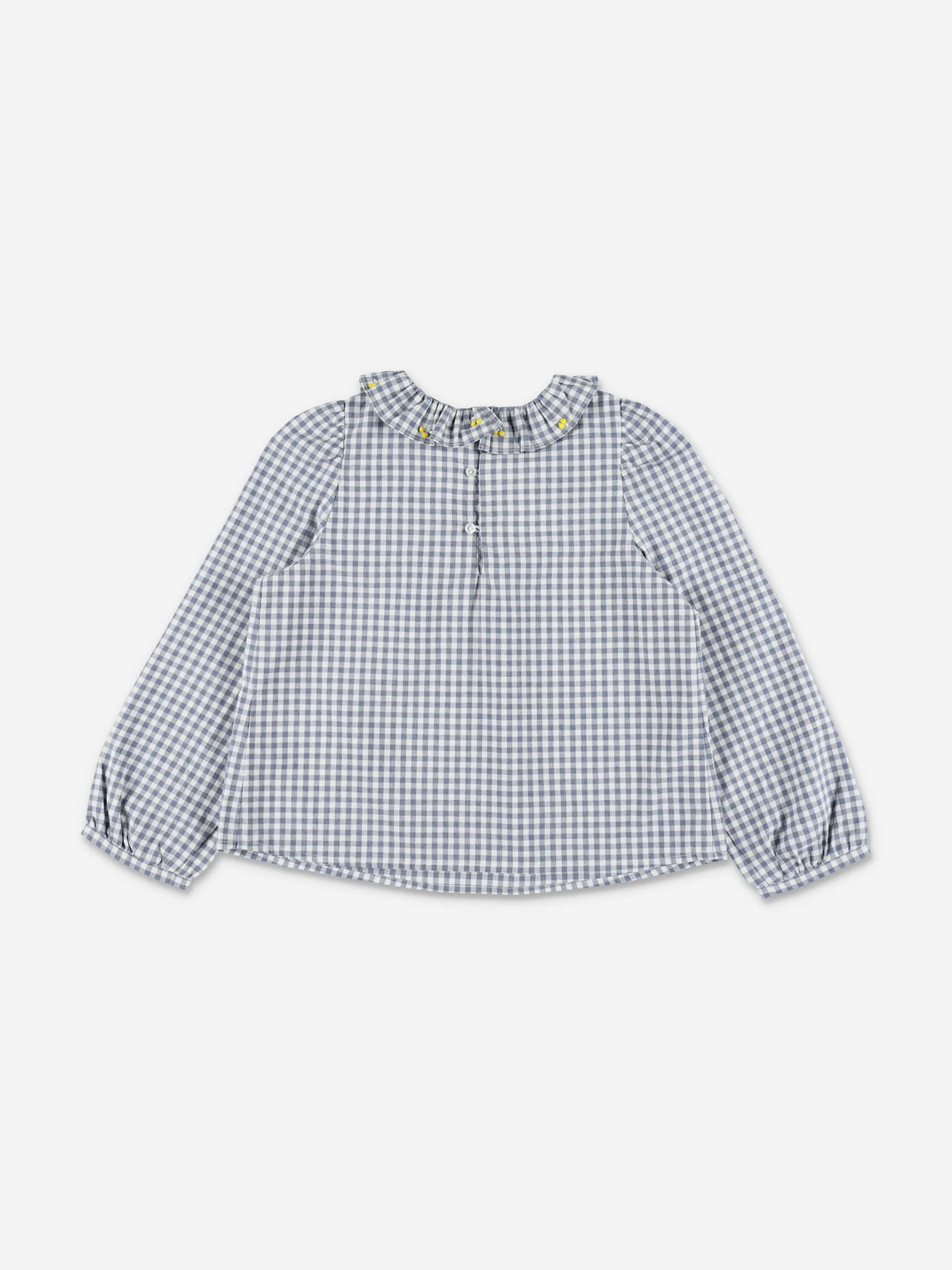 Bonpoint Girls Embroidered Gingham Blouse in Grey