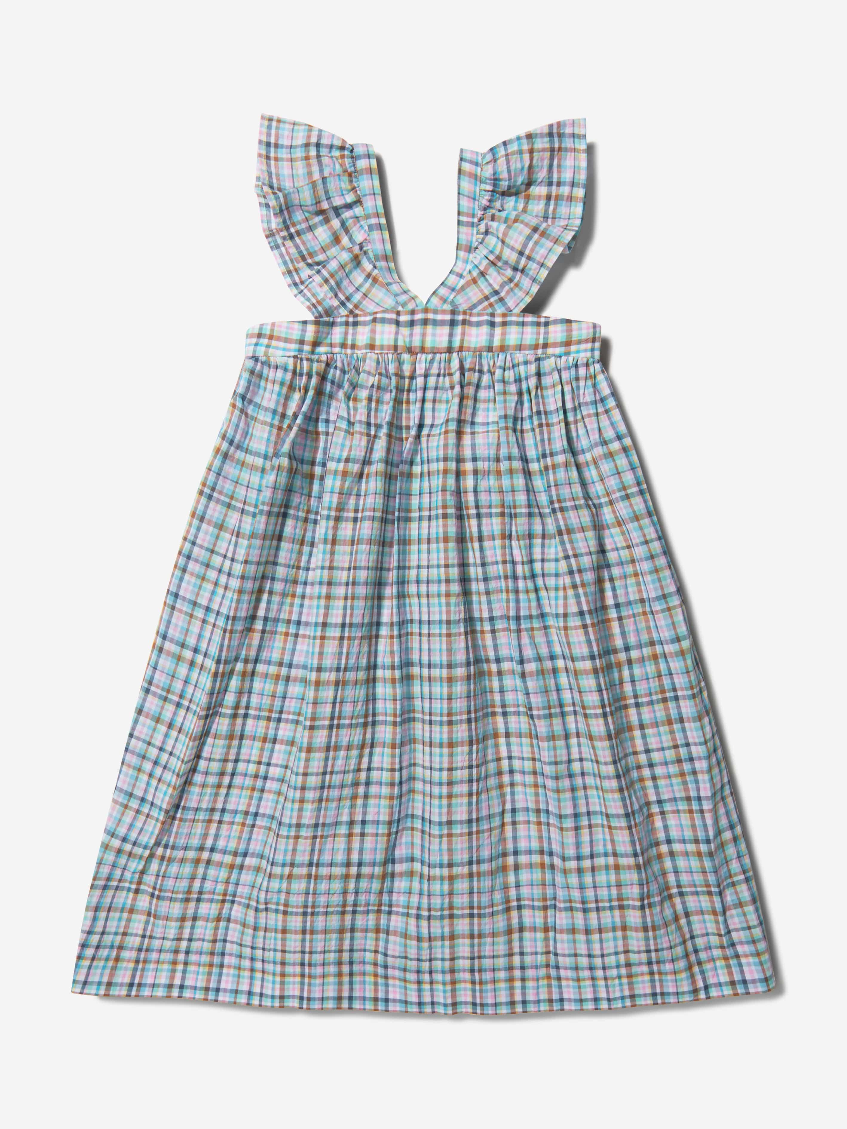 Bonpoint Girls Cotton Checked Ruffle Strap Dress