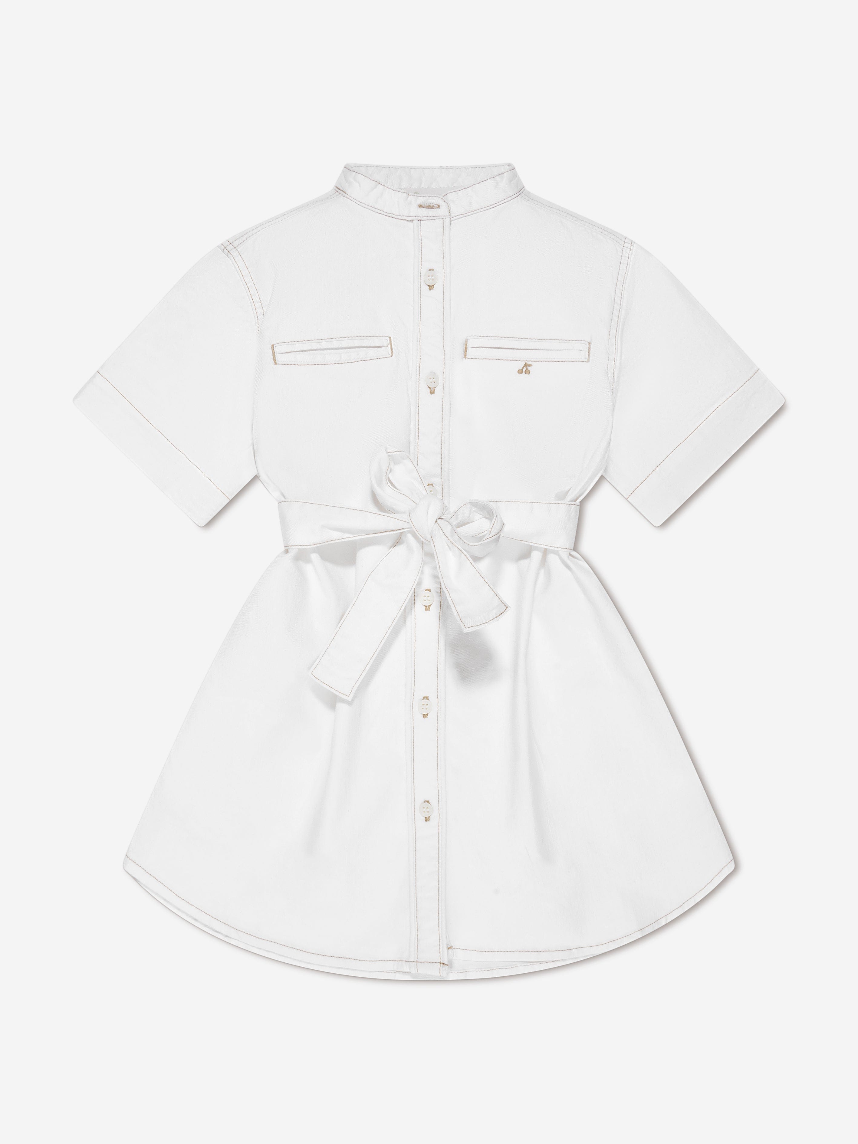 Bonpoint Girls Christa Belted Shirt Dress in White