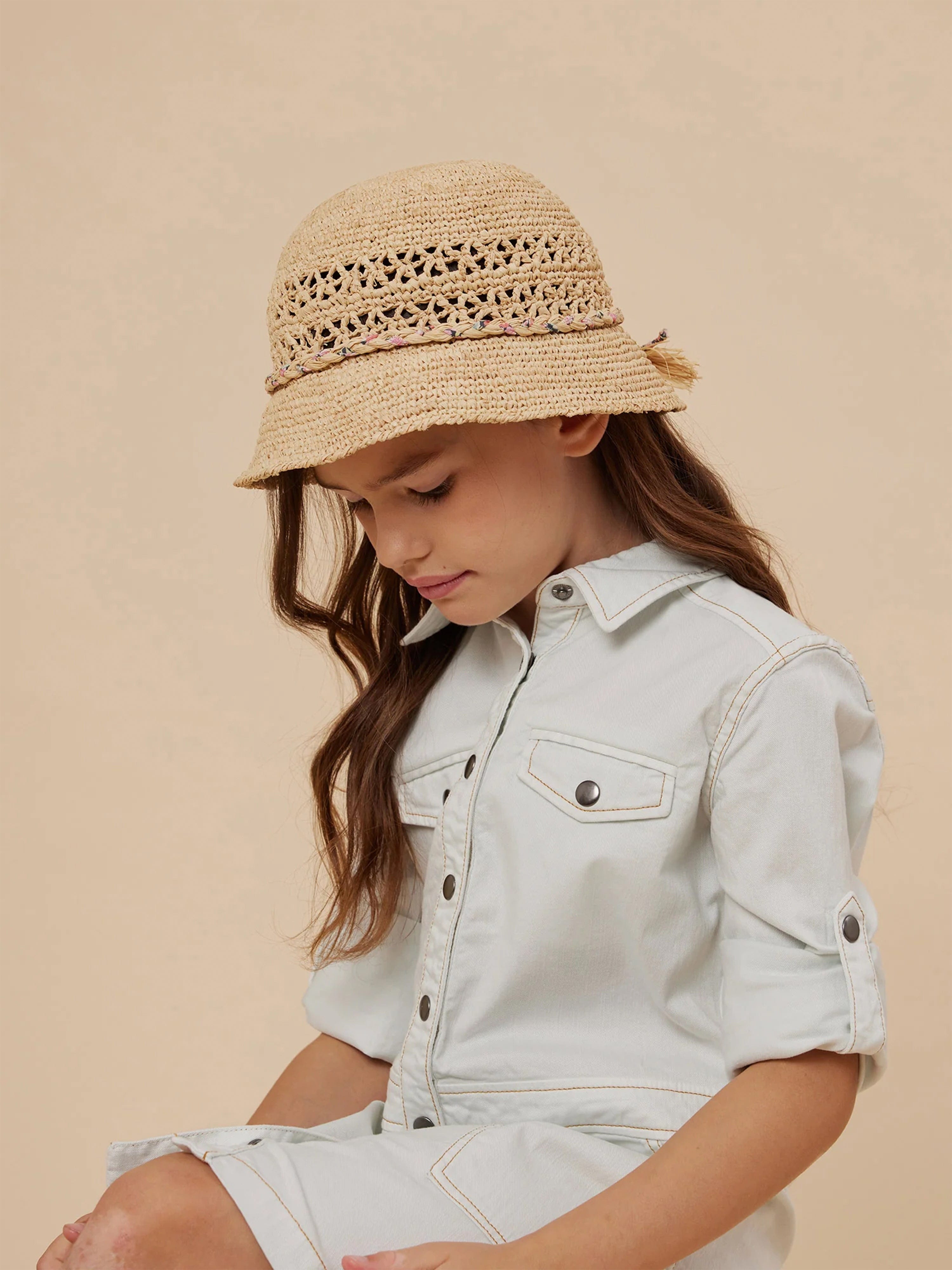 Bonpoint Girls Raffia Hat in Beige