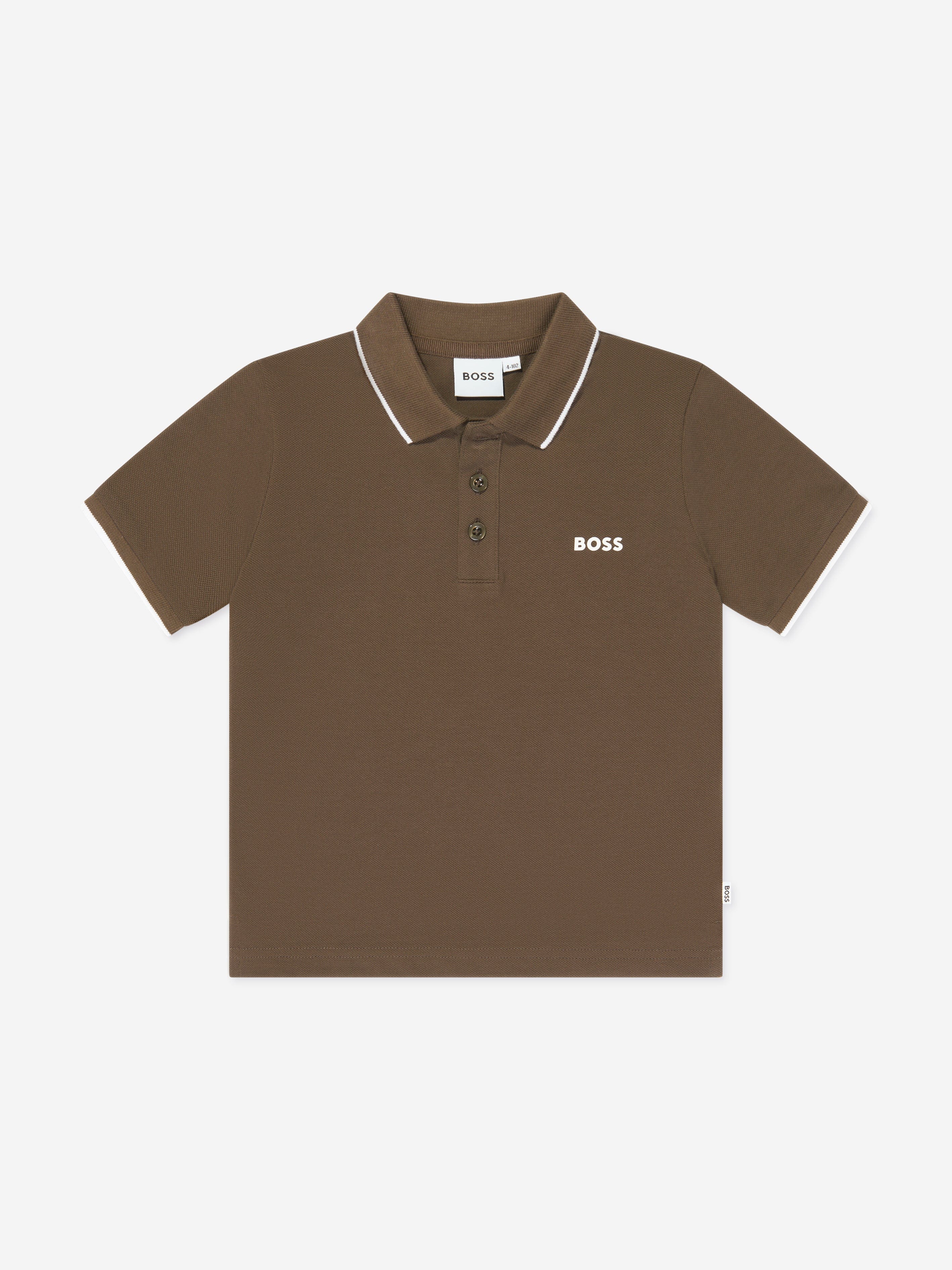 BOSS Boys Logo Print Polo Shirt in Brown