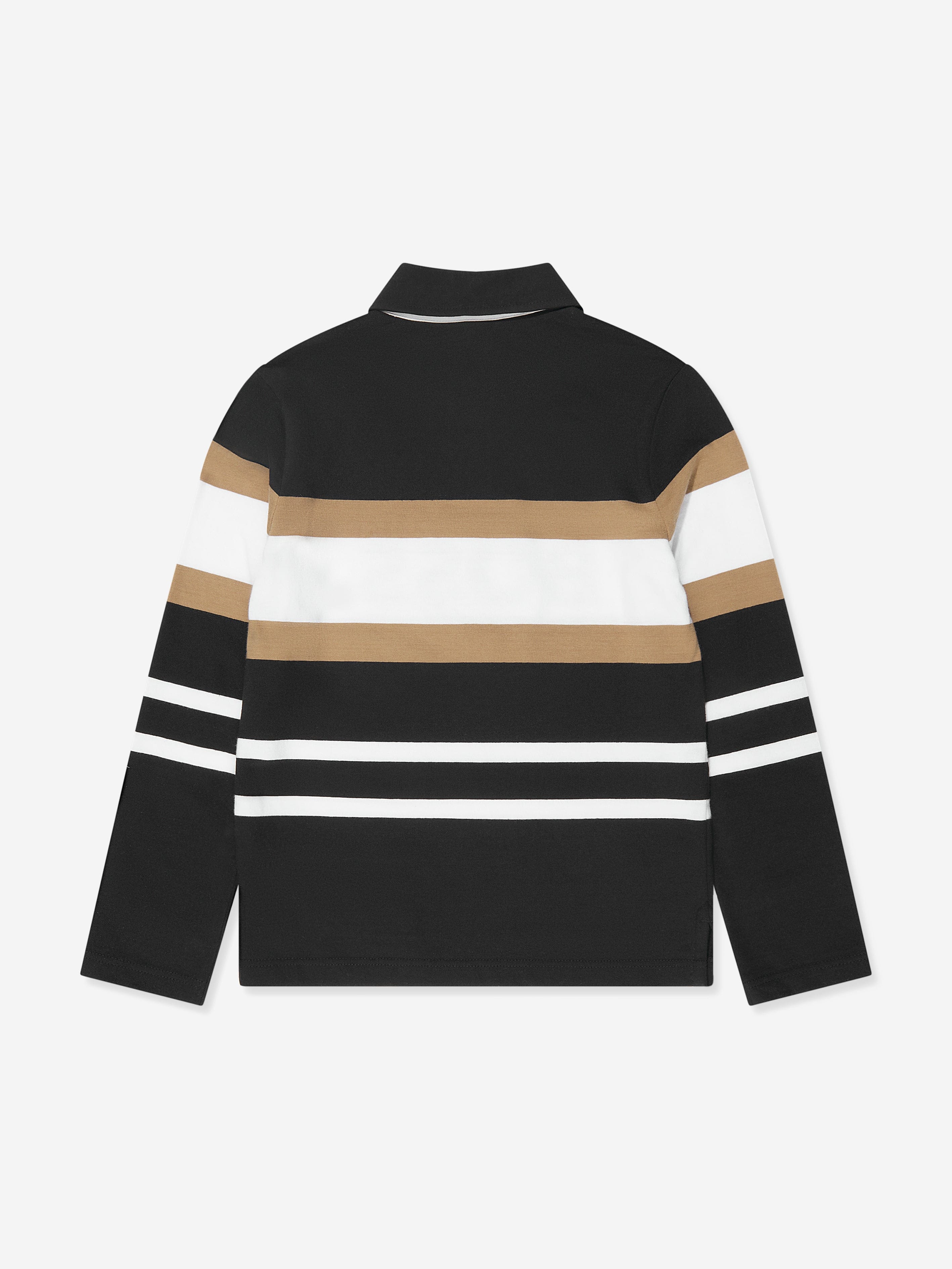 BOSS Boys Long Sleeve Striped Polo Shirt in Black