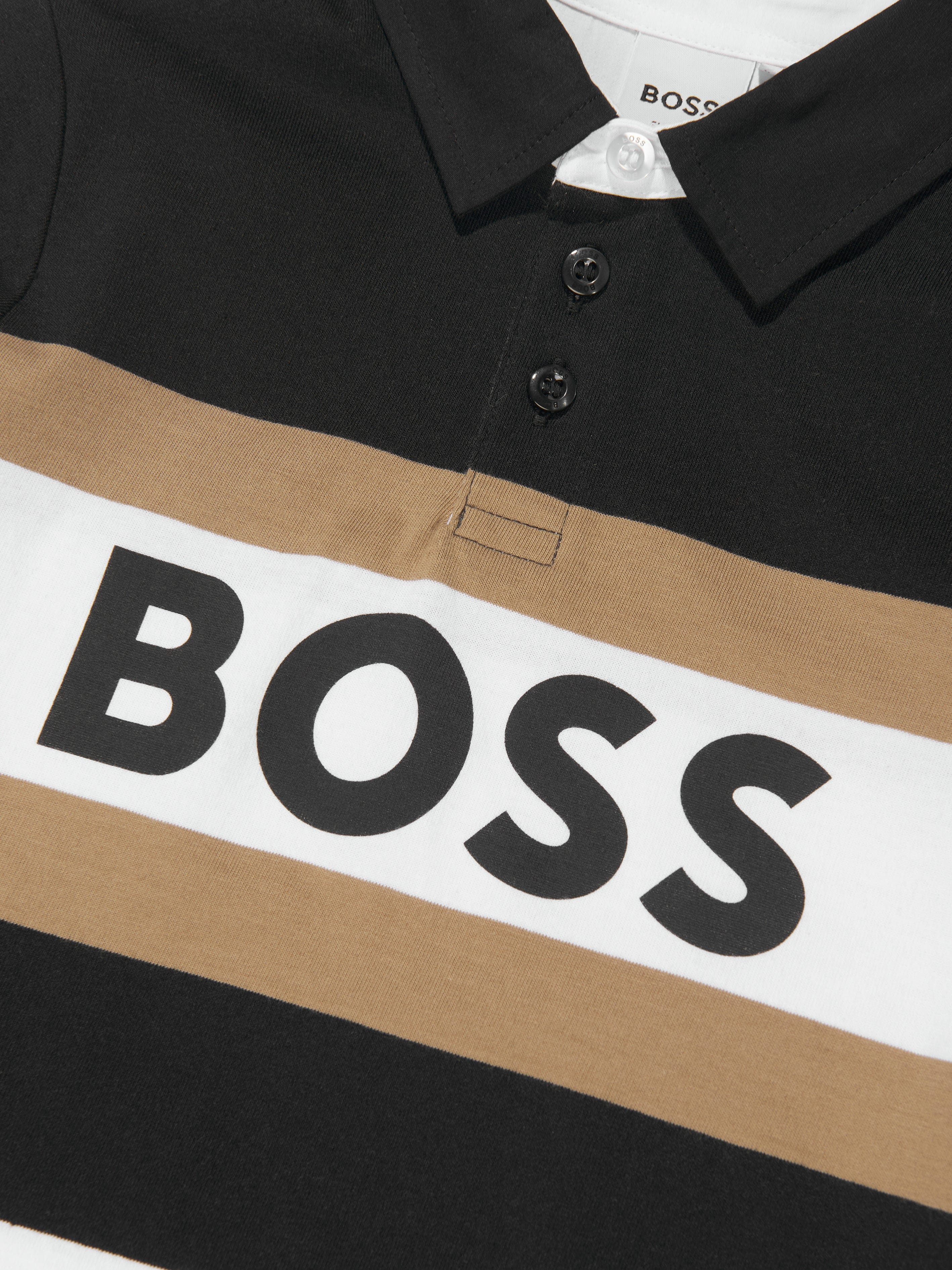 BOSS Boys Long Sleeve Striped Polo Shirt in Black