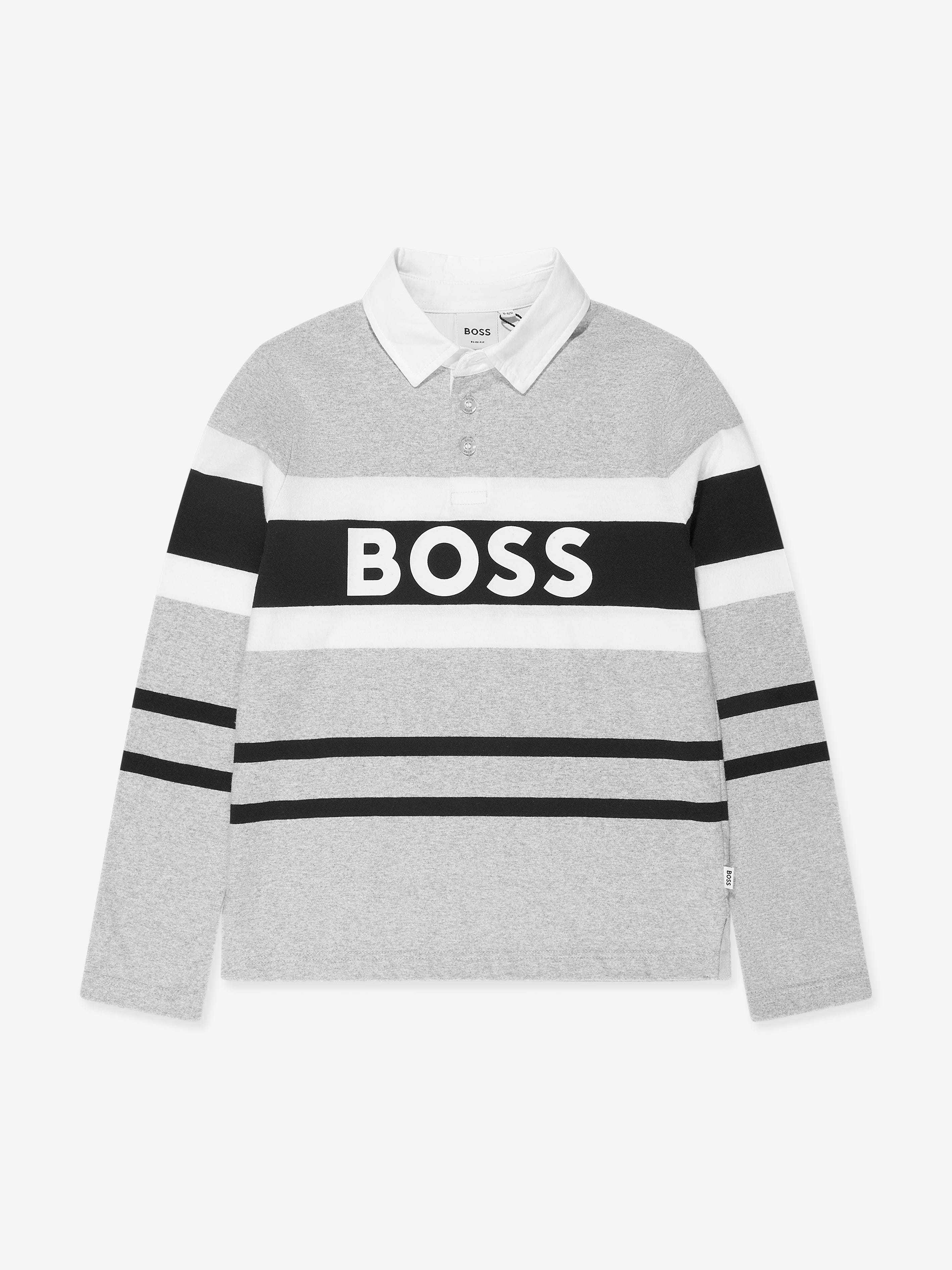 BOSS Boys Long Sleeve Striped Polo Shirt in Grey