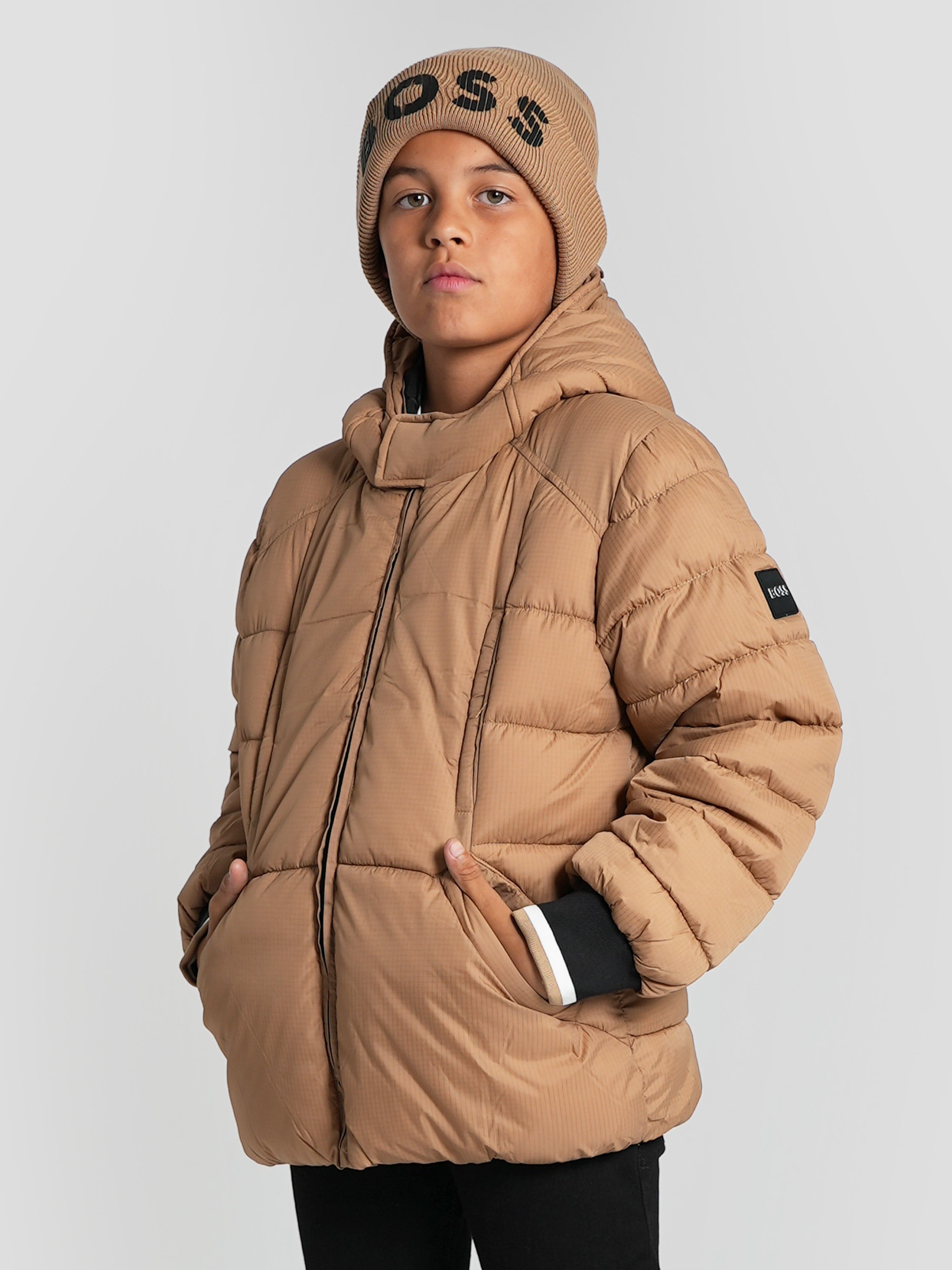 BOSS Boys Logo Puffer Jacket in Brown